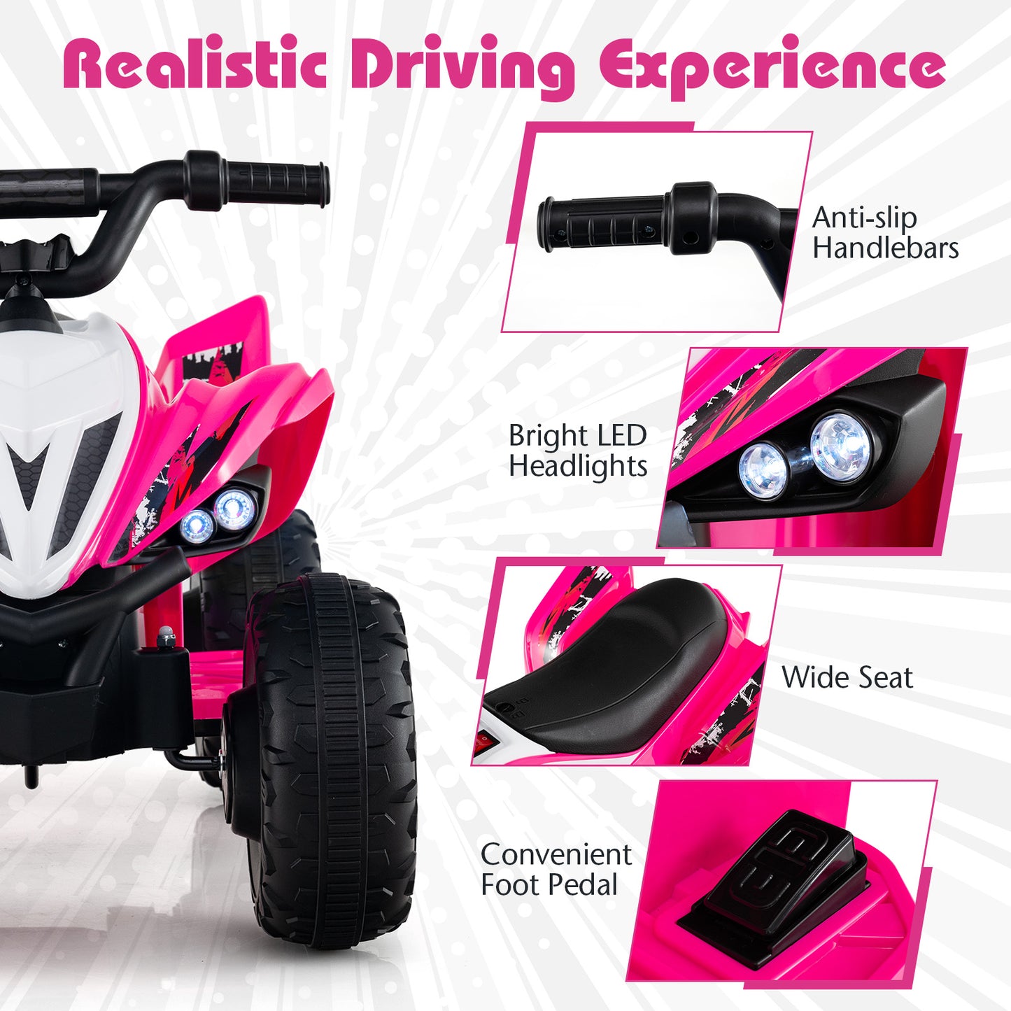 12V Kids Ride On ATV 4-Wheeler Quad with LED Lights and 7 mph Max Speed, Pink Powered Ride On Toys at Gallery Canada