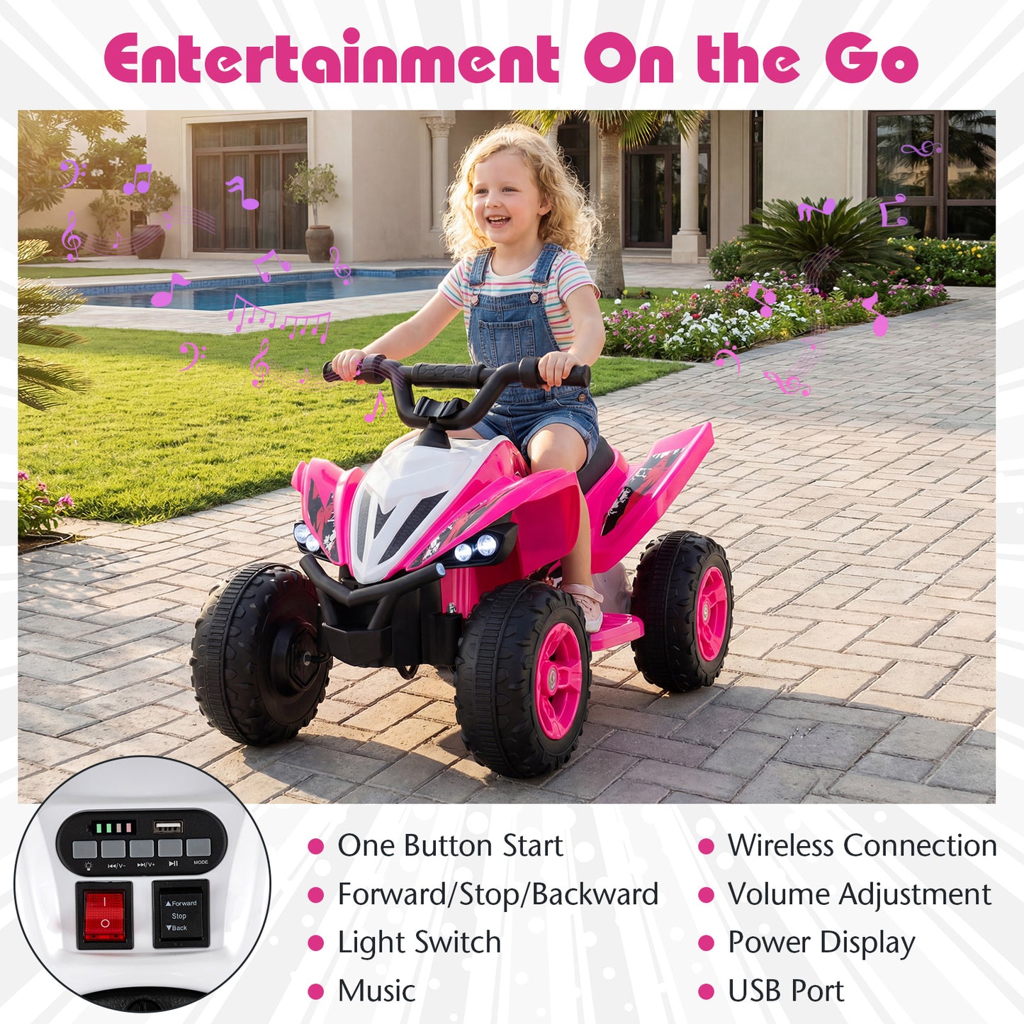 12V Kids Ride On ATV 4-Wheeler Quad with LED Lights and 7 mph Max Speed, Pink Powered Ride On Toys at Gallery Canada