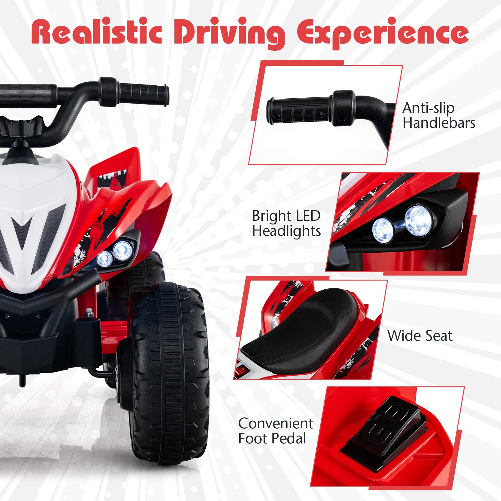 12V Kids Ride On ATV 4-Wheeler Quad with LED Lights and 7 mph Max Speed, Red Powered Ride On Toys at Gallery Canada