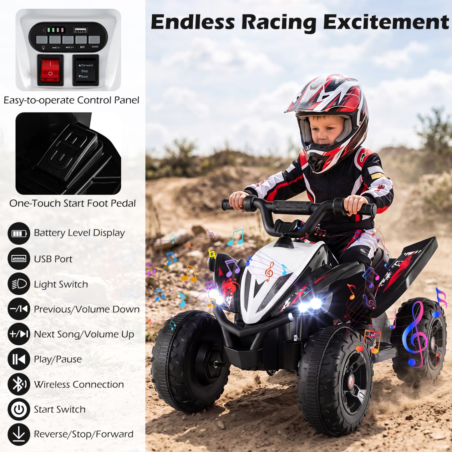 12V Kids Ride On ATV 4-Wheeler Quad, LED Lights, 7 mph, Black Powered Ride On Toys at Gallery Canada