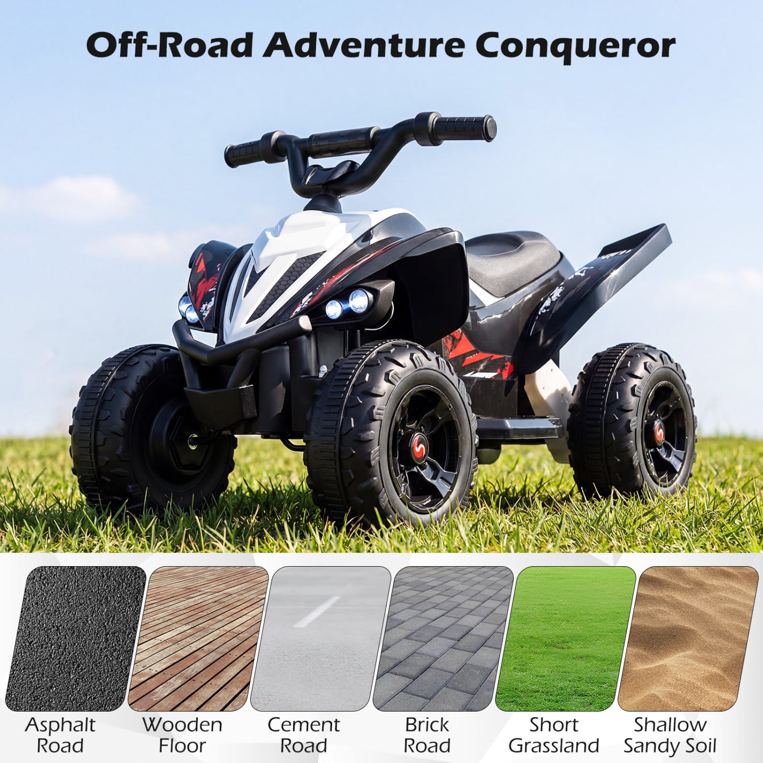 12V Kids Ride On ATV 4-Wheeler Quad, LED Lights, 7 mph, Black Powered Ride On Toys at Gallery Canada