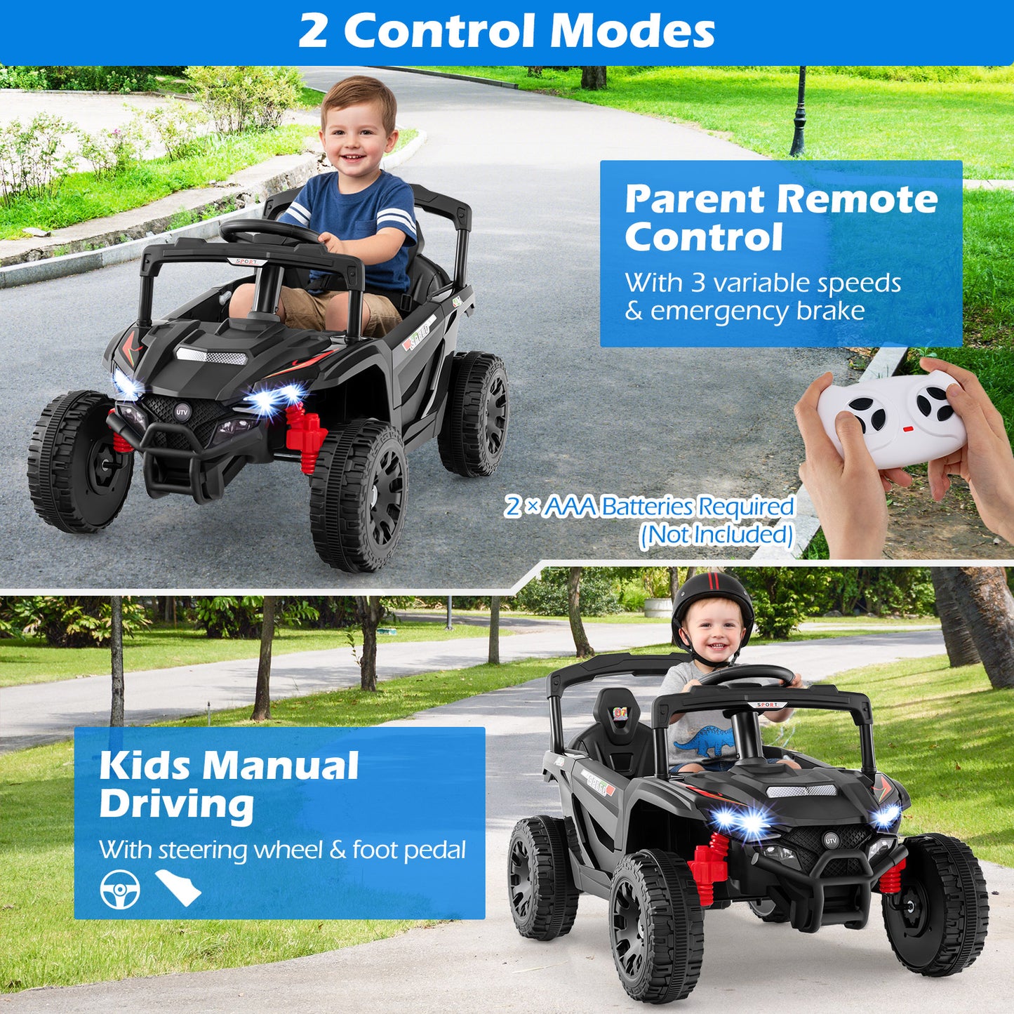 12V Kids Ride On Car UTV Electric Vehicle with LED Lights Music and Horn, Black Powered Ride On Toys at Gallery Canada