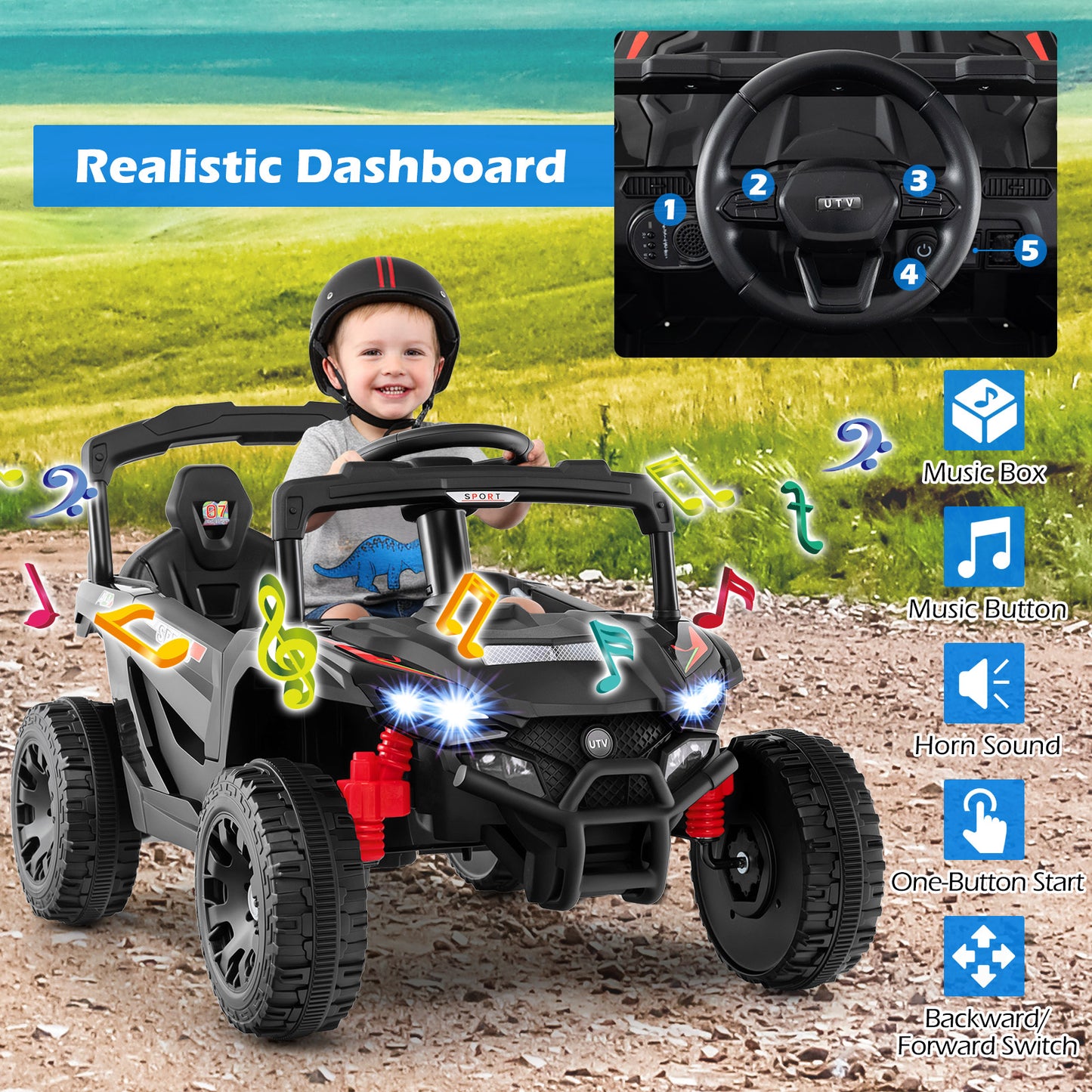 12V Kids Ride On Car UTV Electric Vehicle with LED Lights Music and Horn, Black Powered Ride On Toys at Gallery Canada