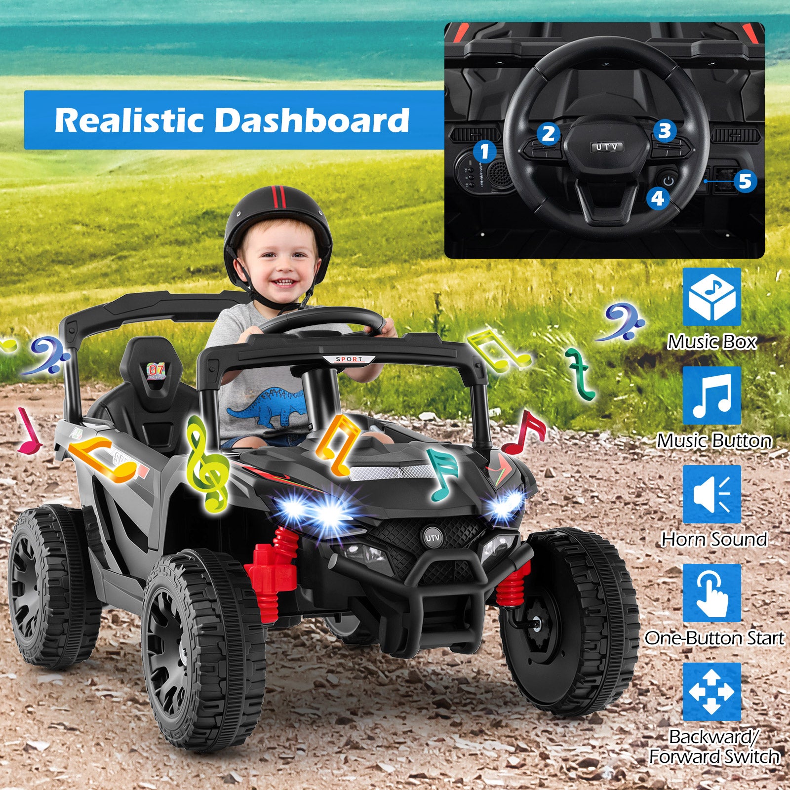12V Kids Ride On Car UTV Electric Vehicle with LED Lights Music and Horn, Black Powered Ride On Toys at Gallery Canada