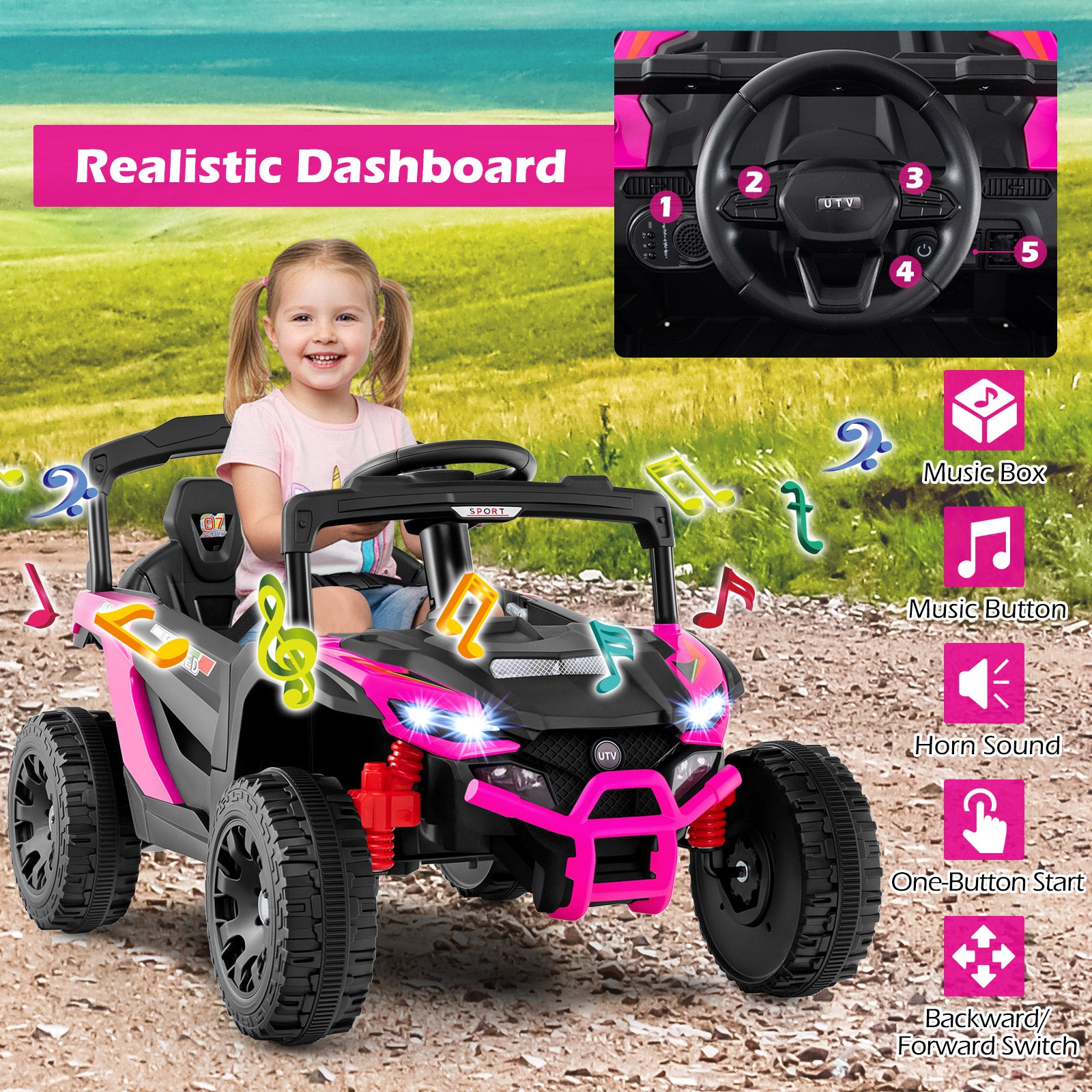 12V Kids Ride On Car UTV Electric Vehicle with LED Lights Music and Horn, Hot Pink Powered Ride On Toys at Gallery Canada