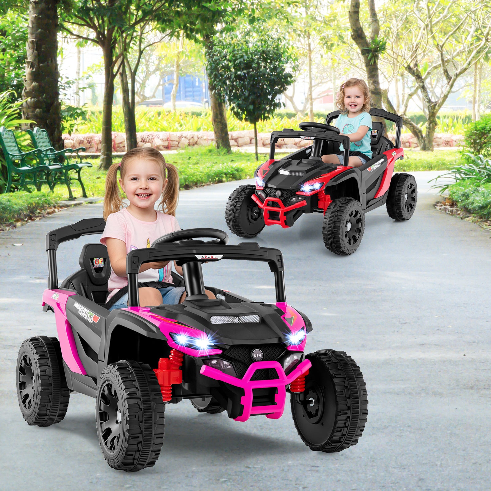 12V Kids Ride On Car UTV Electric Vehicle with LED Lights Music and Horn, Hot Pink Powered Ride On Toys at Gallery Canada