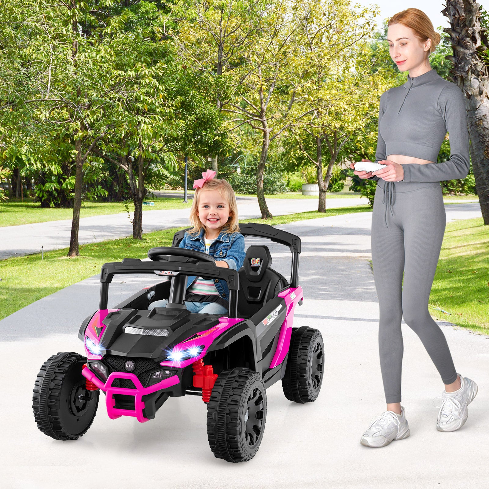 12V Kids Ride On Car UTV Electric Vehicle with LED Lights Music and Horn, Hot Pink Powered Ride On Toys at Gallery Canada