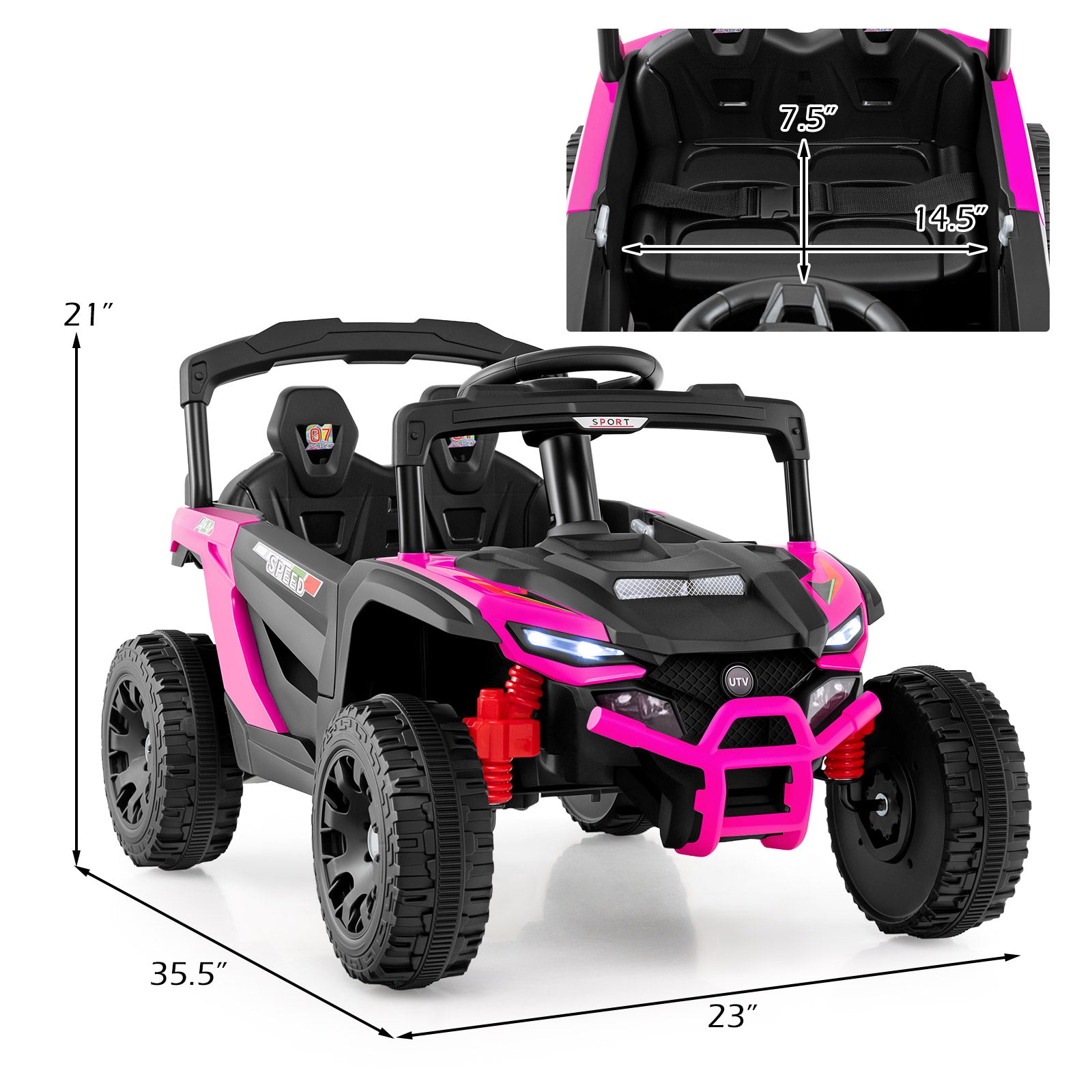 12V Kids Ride On Car UTV Electric Vehicle with LED Lights Music and Horn, Hot Pink Powered Ride On Toys at Gallery Canada