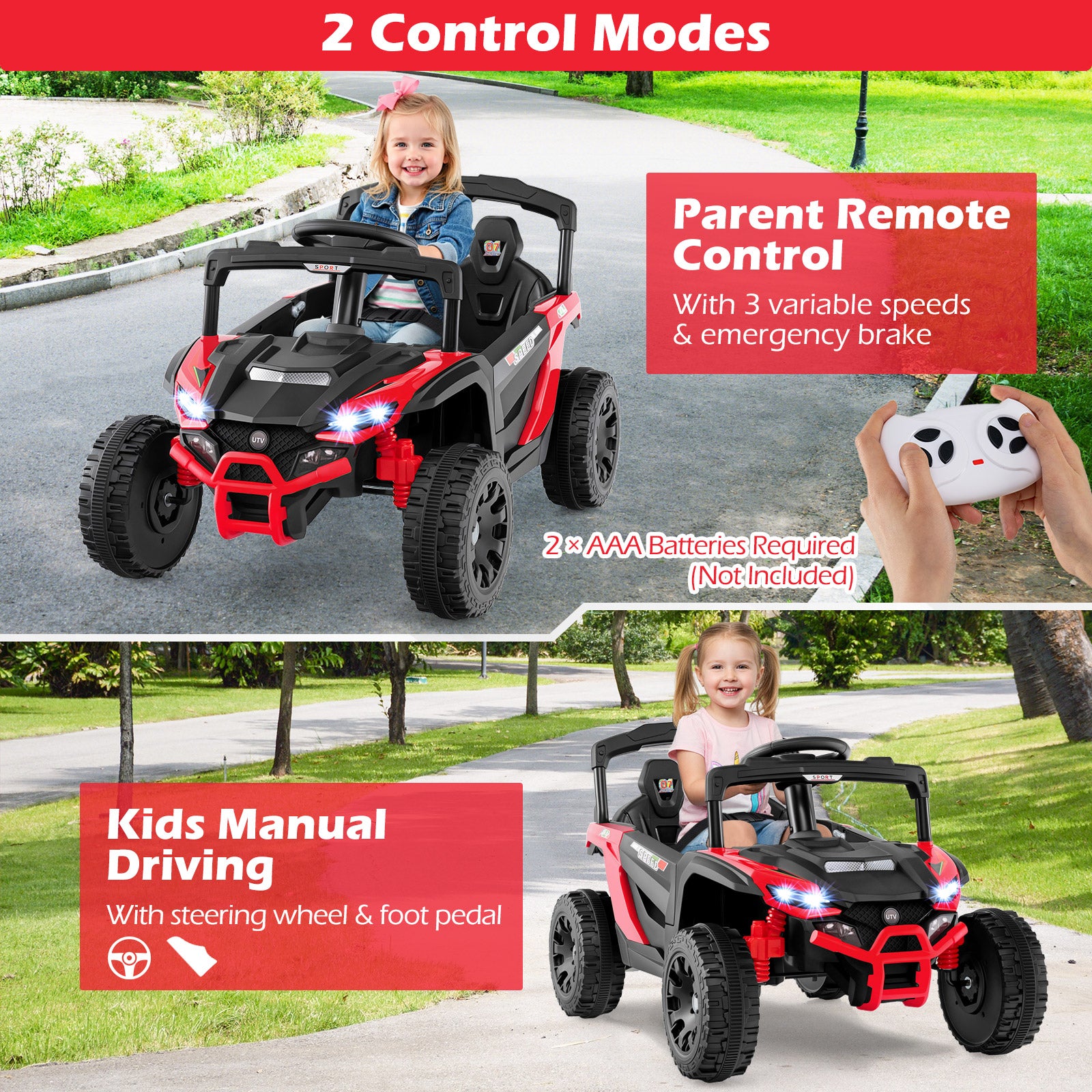 12V Kids Ride On Car UTV Electric Vehicle with LED Lights Music and Horn, Red Powered Ride On Toys at Gallery Canada