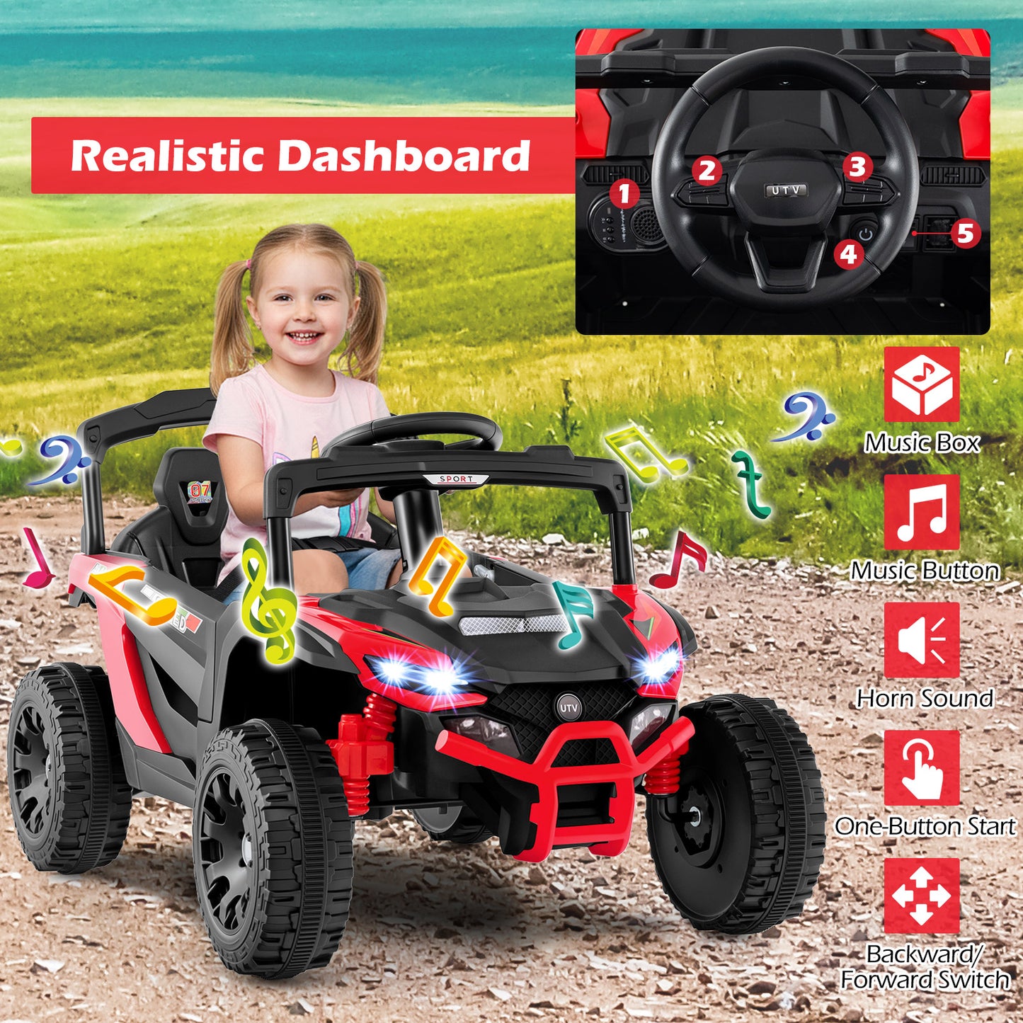 12V Kids Ride On Car UTV Electric Vehicle with LED Lights Music and Horn, Red Powered Ride On Toys at Gallery Canada