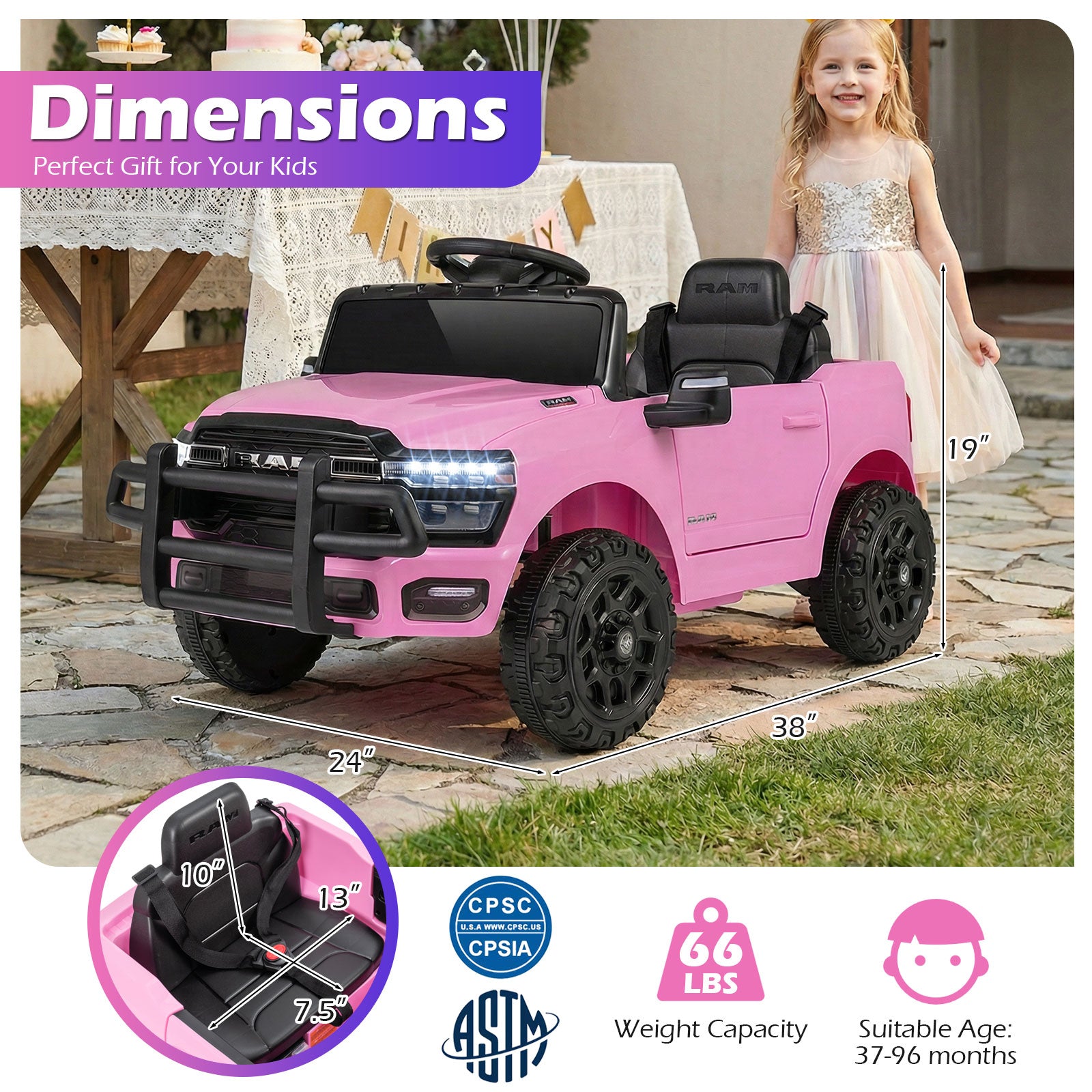 12V Kids Ride On Car Licensed RAM 3500 Electric Vehicle with Remote Control, Pink Powered Ride On Toys at Gallery Canada