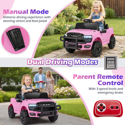 12V Kids Ride On Car Licensed RAM 3500 Electric Vehicle with Remote Control, Pink Powered Ride On Toys at Gallery Canada