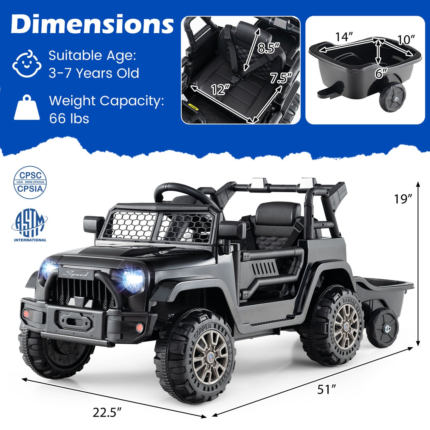 Kids Ride On UTV Car with Detachable Trailer 12V Battery Powered Ride On Truck, Black Powered Ride On Toys at Gallery Canada