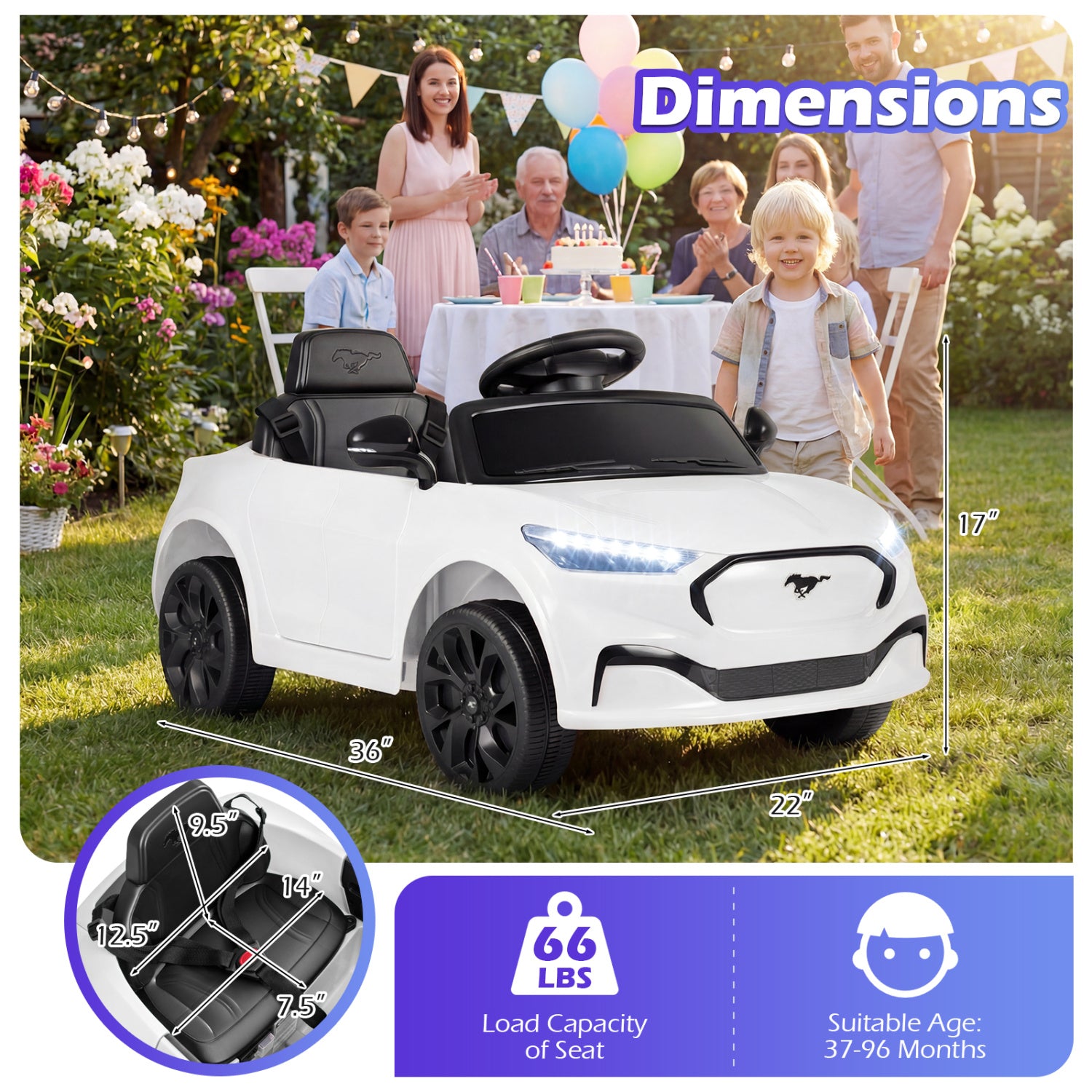 12V Kids Ride on Car Licensed Ford Mach E with Parent Control and Horn, White Powered Ride On Toys at Gallery Canada