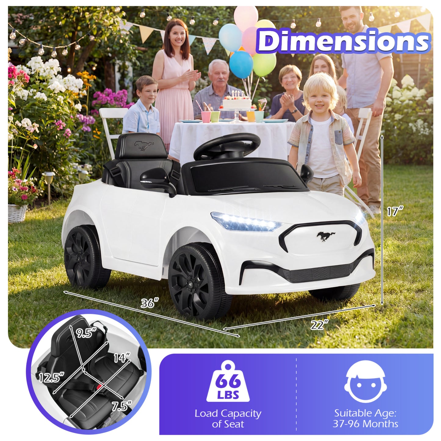 12V Kids Ride on Car Licensed Ford Mach E with Parent Control and Horn, White Powered Ride On Toys at Gallery Canada