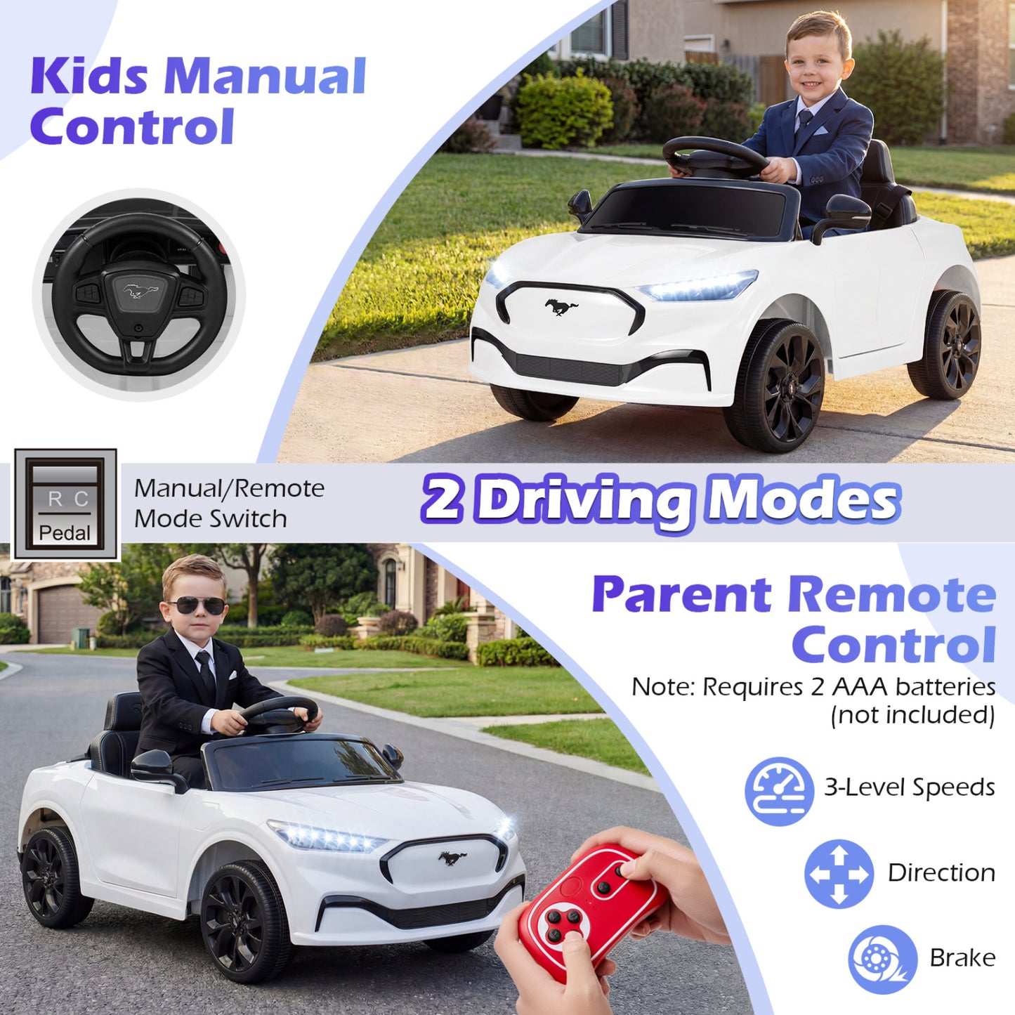 12V Kids Ride on Car Licensed Ford Mach E with Parent Control and Horn, White Powered Ride On Toys at Gallery Canada