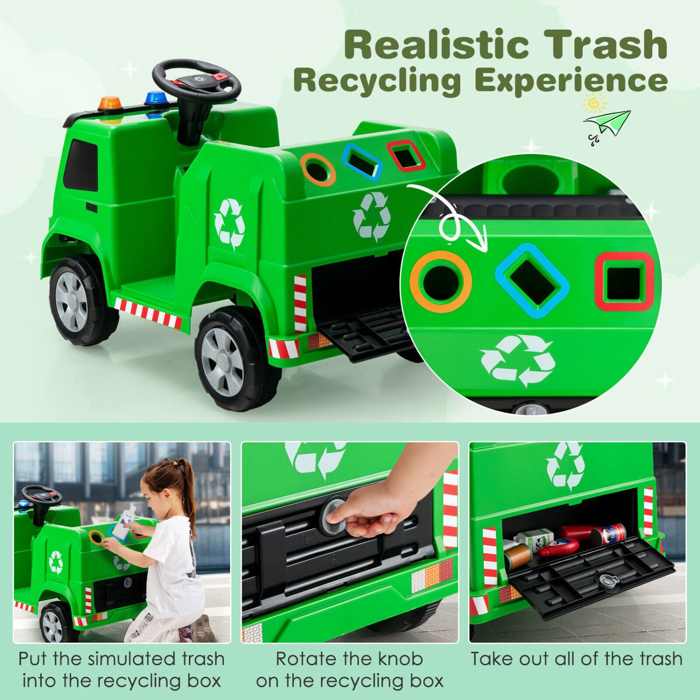 12V Kids Ride-On Garbage Truck, With Warning Lights And 6 Recycling Accessories, Green Powered Ride On Toys at Gallery Canada