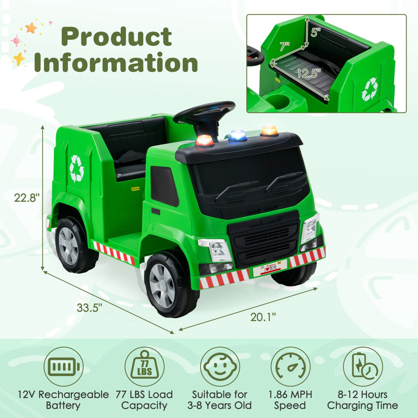 12V Kids Ride-On Garbage Truck, With Warning Lights And 6 Recycling Accessories, Green Powered Ride On Toys at Gallery Canada