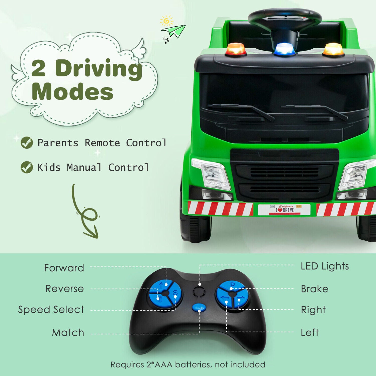 12V Kids Ride-On Garbage Truck, With Warning Lights And 6 Recycling Accessories, Green Powered Ride On Toys at Gallery Canada