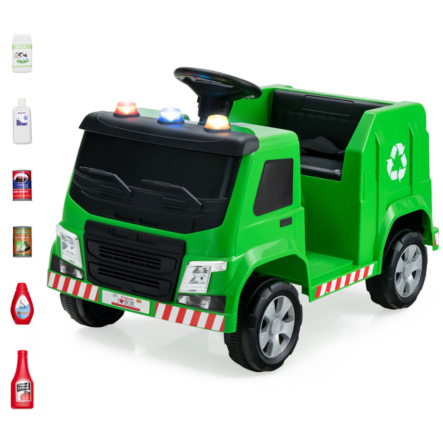 12V Kids Ride-On Garbage Truck, With Warning Lights And 6 Recycling Accessories, Green Powered Ride On Toys at Gallery Canada