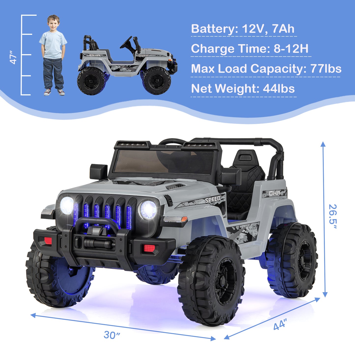 12V Kids Ride-on Jeep Car with 2.4 G Remote Control, Gray Powered Ride On Toys at Gallery Canada