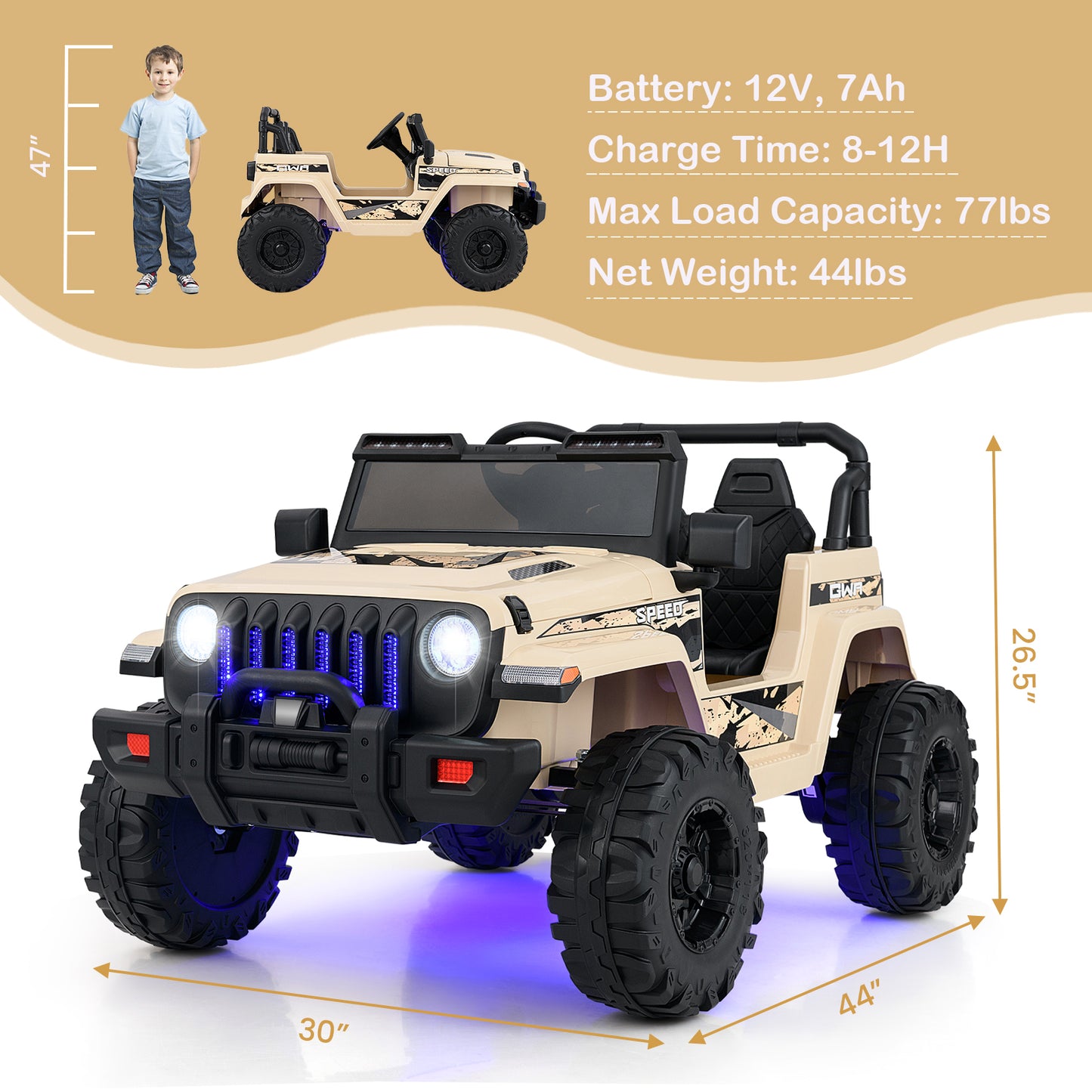 12V Kids Ride-on Jeep Car with 2.4 G Remote Control, Khaki Powered Ride On Toys at Gallery Canada