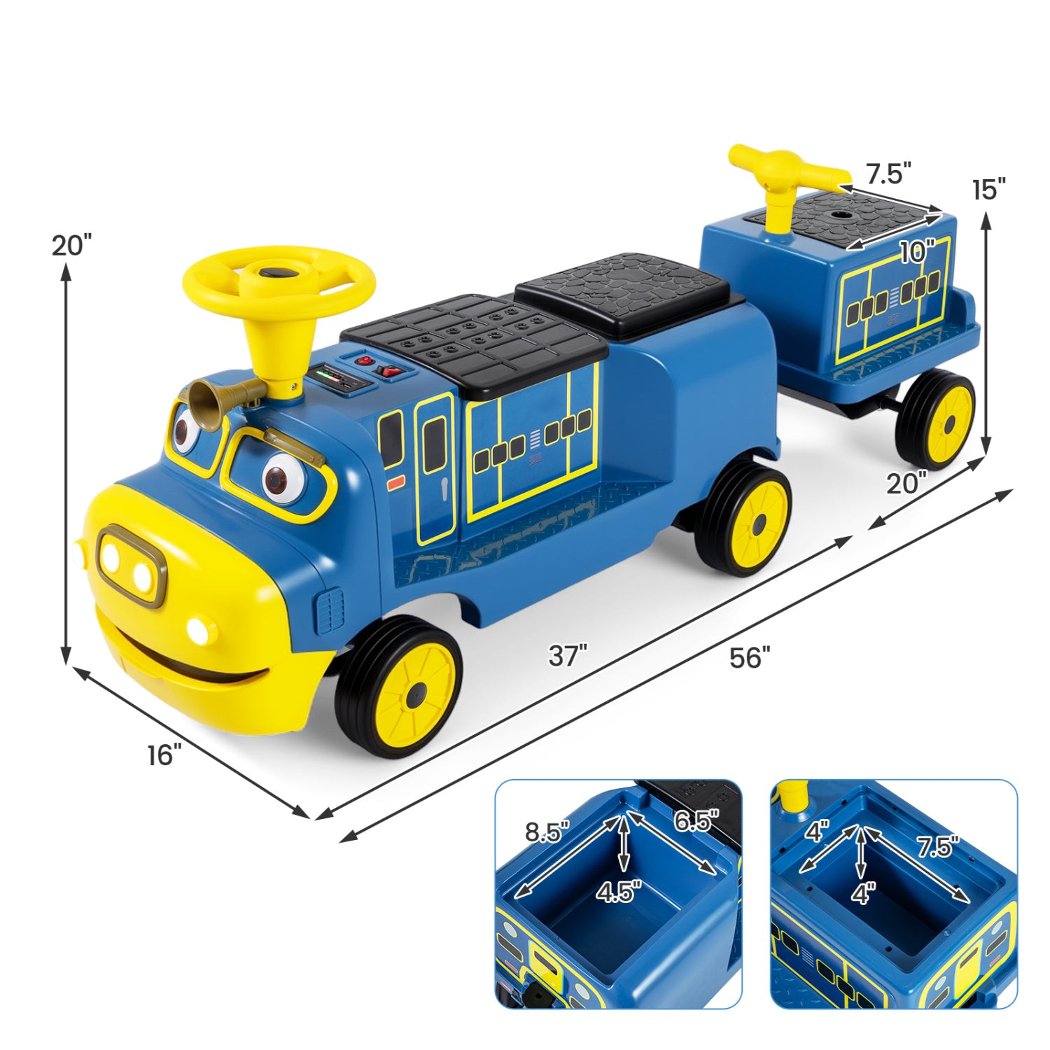 12V Kids Ride on Train 3-Seater with Detachable Carriage Licensed Chuggington, Blue Powered Ride On Toys at Gallery Canada