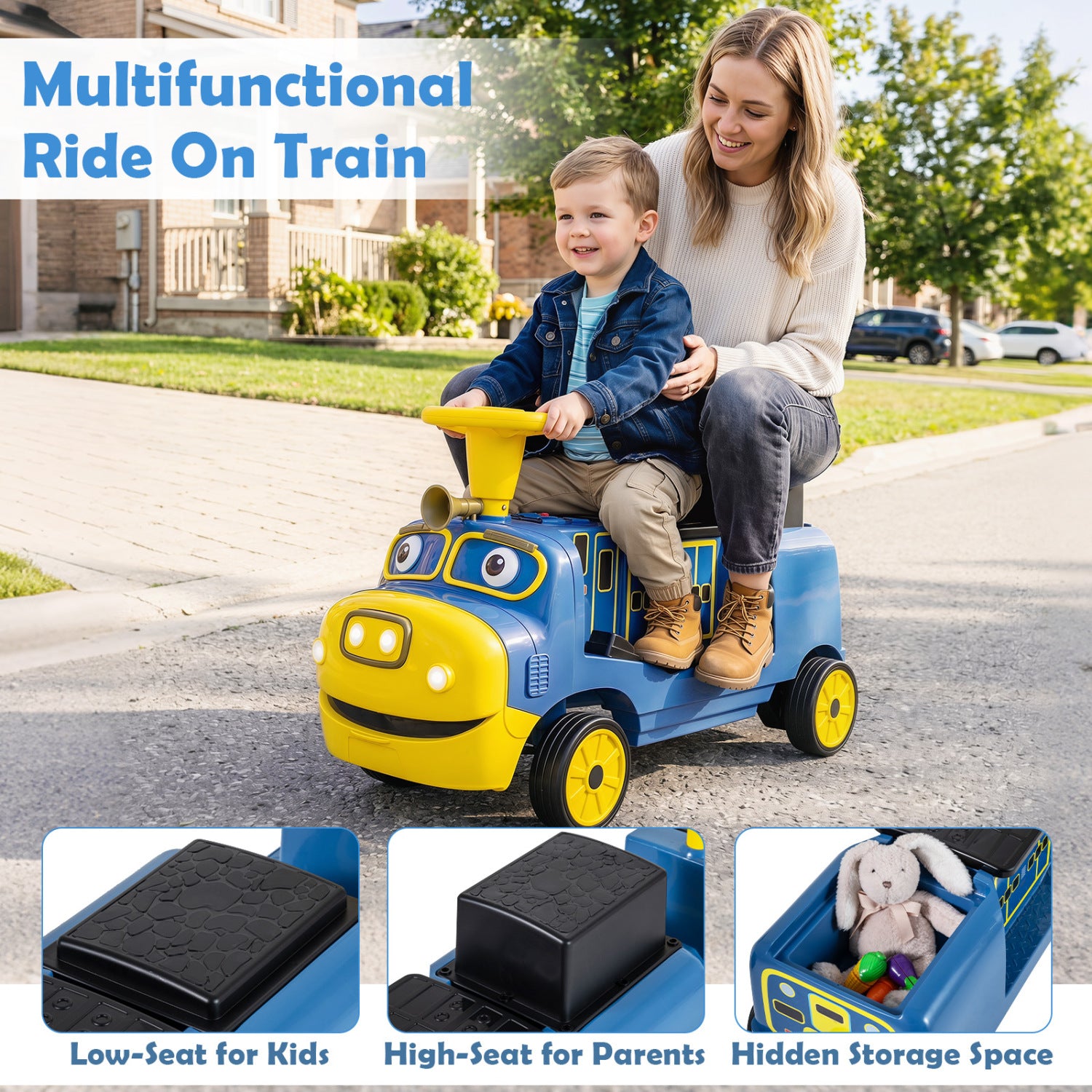 12V Kids Ride on Train 3-Seater with Detachable Carriage Licensed Chuggington, Blue Powered Ride On Toys at Gallery Canada