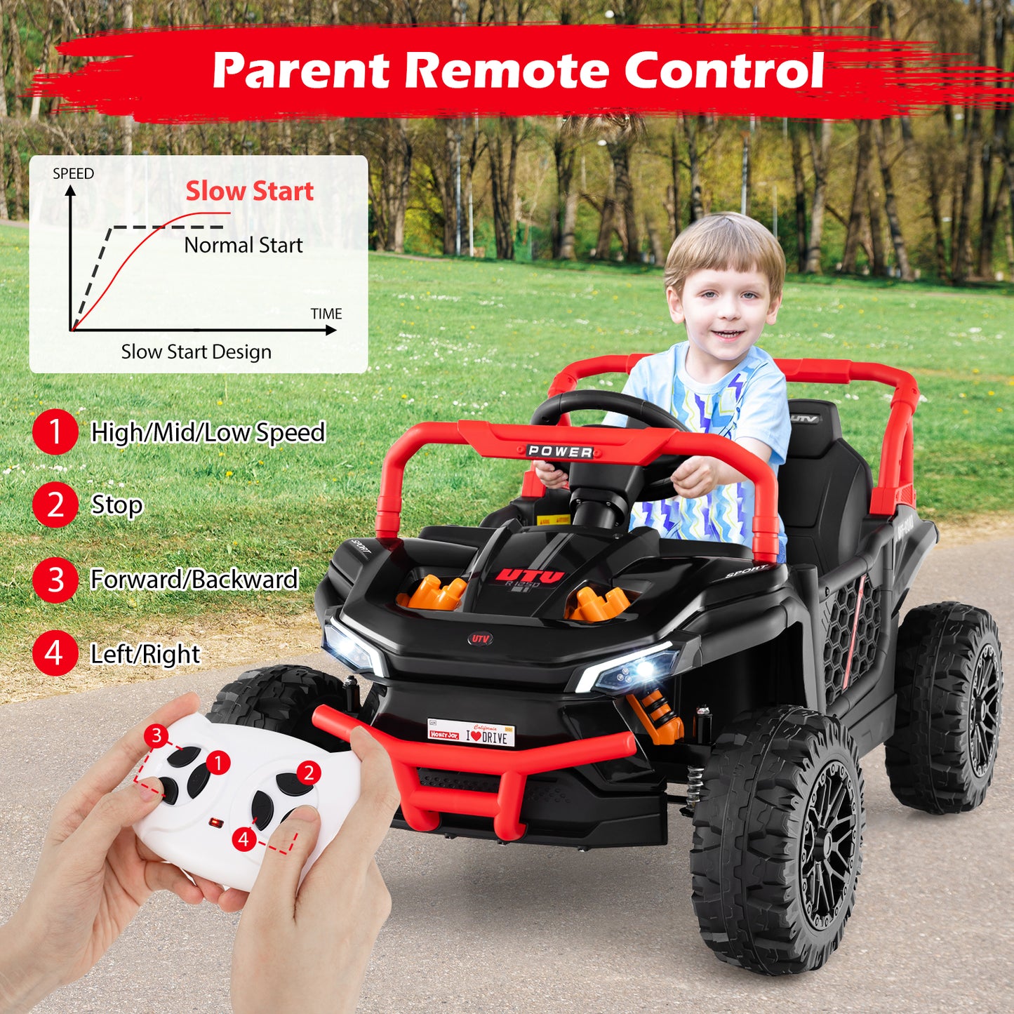 12V Kids Ride on Truck Off-Road UTV with Parental Remote and Lights, Black Powered Ride On Toys at Gallery Canada