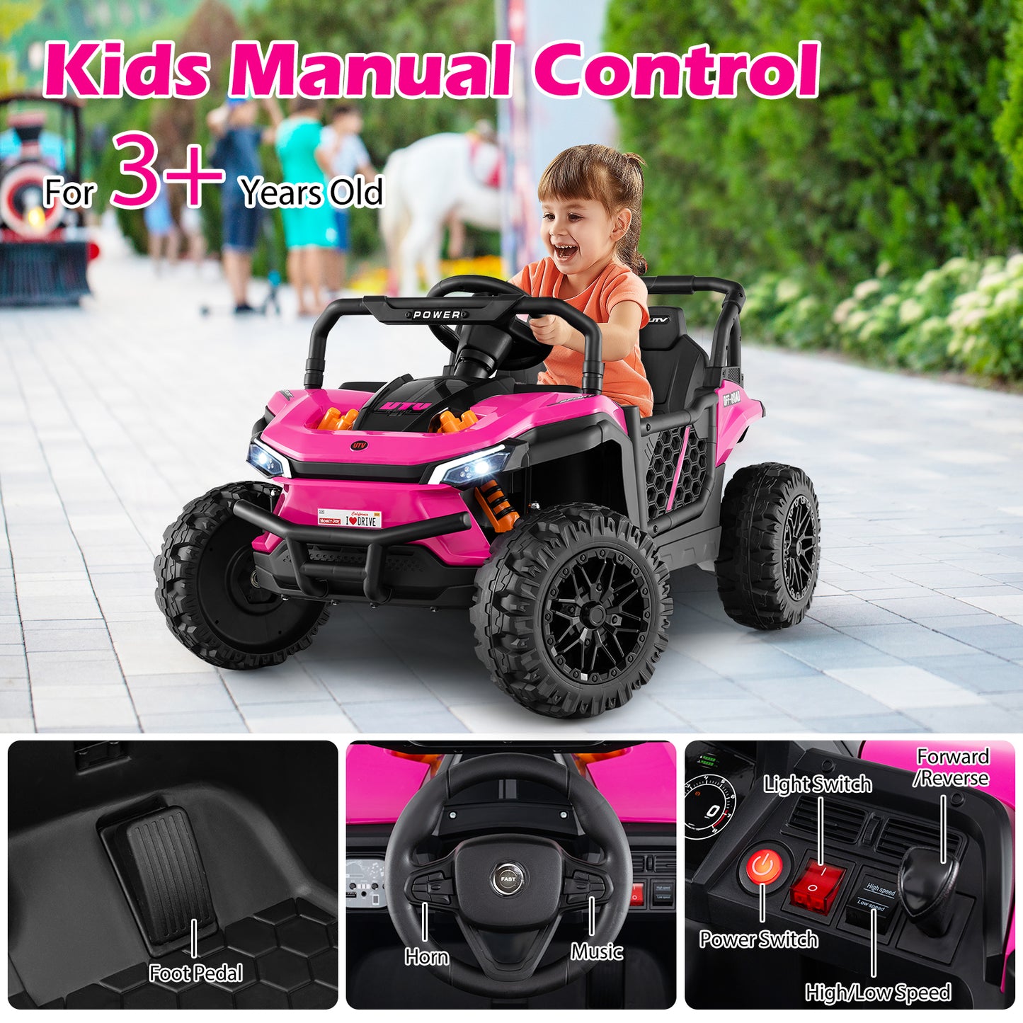 12V Kids Ride on Truck Off-Road UTV with Parental Remote and Lights, Pink Powered Ride On Toys at Gallery Canada