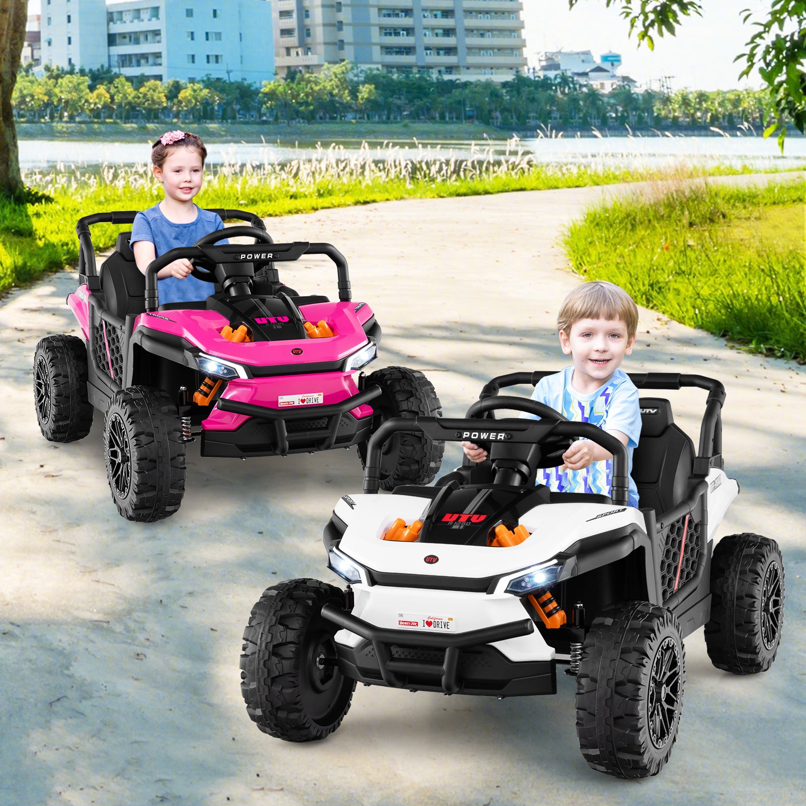12V Kids Ride on Truck Off-Road UTV with Parental Remote and Lights, White Powered Ride On Toys at Gallery Canada