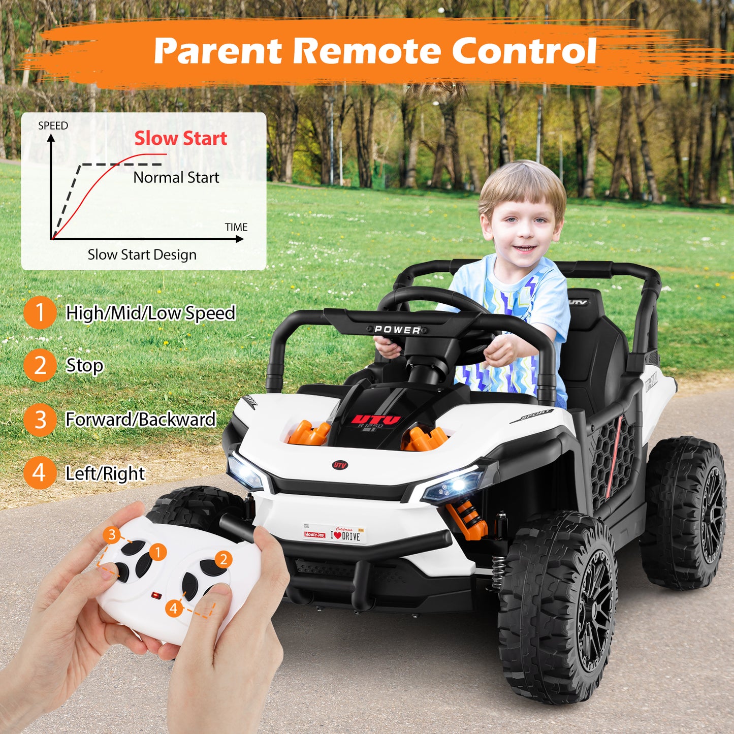 12V Kids Ride on Truck Off-Road UTV with Parental Remote and Lights, White Powered Ride On Toys at Gallery Canada