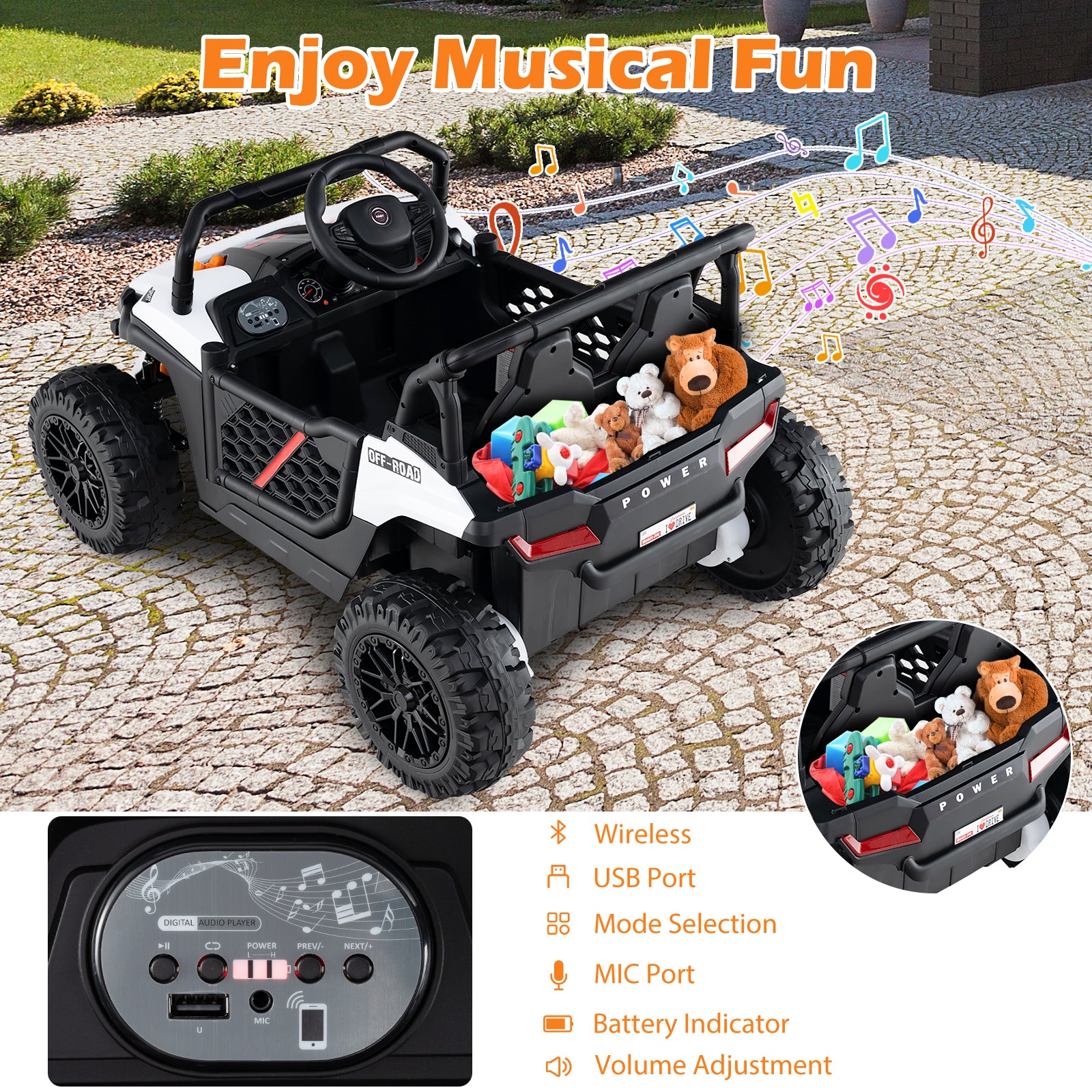 12V Kids Ride on Truck Off-Road UTV with Parental Remote and Lights, White Powered Ride On Toys at Gallery Canada