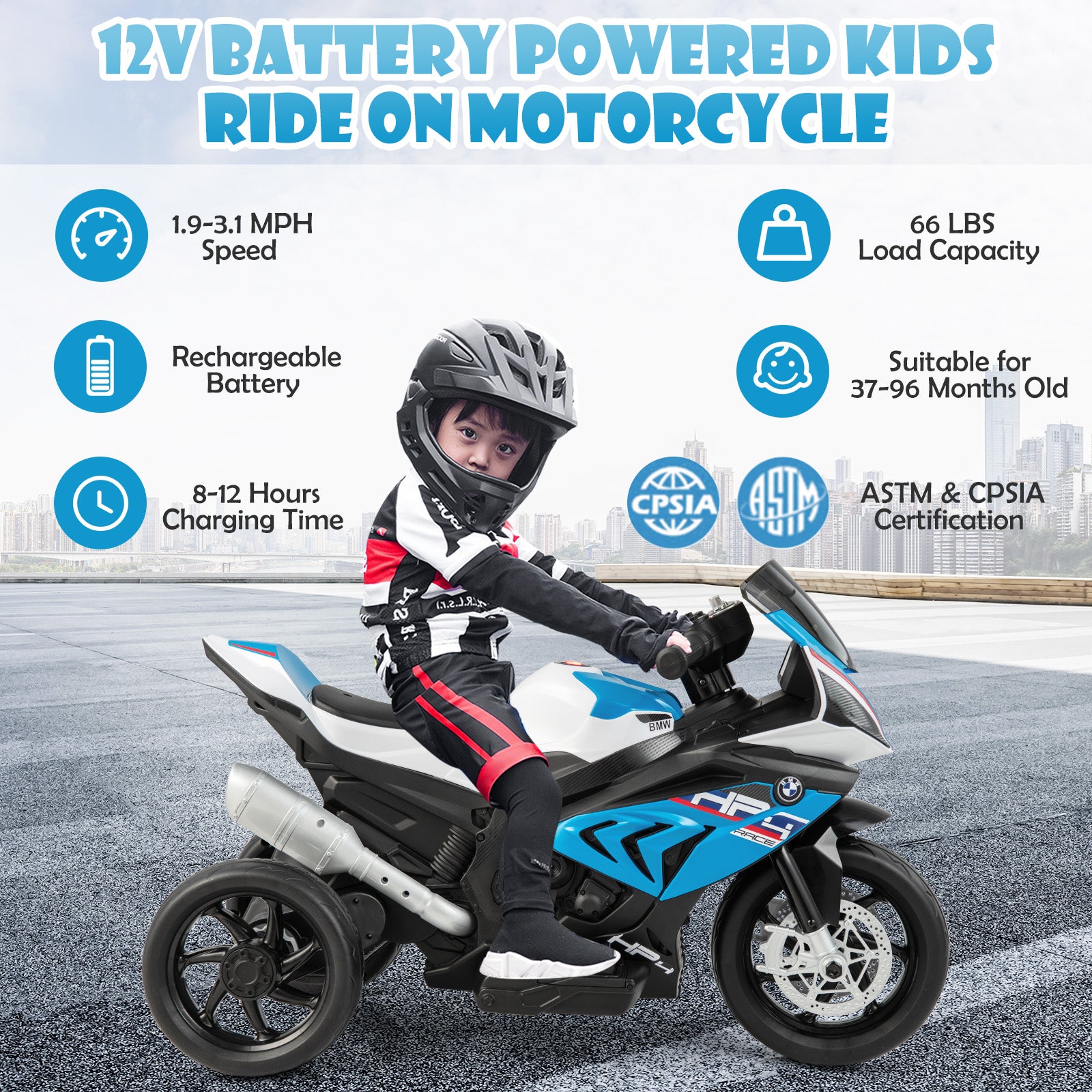 12V Licensed BMW Kids Motorcycle Ride-On Toy, 37-96 Months, Blue Powered Ride On Toys at Gallery Canada