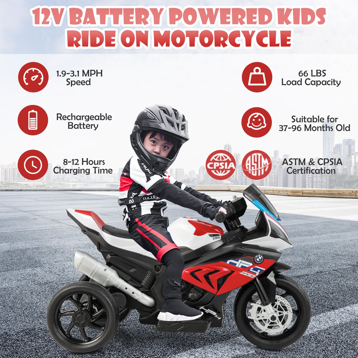 12V Licensed Kids Motorcycle Ride-On Toy, 37-96 Months, Red Powered Ride On Toys at Gallery Canada