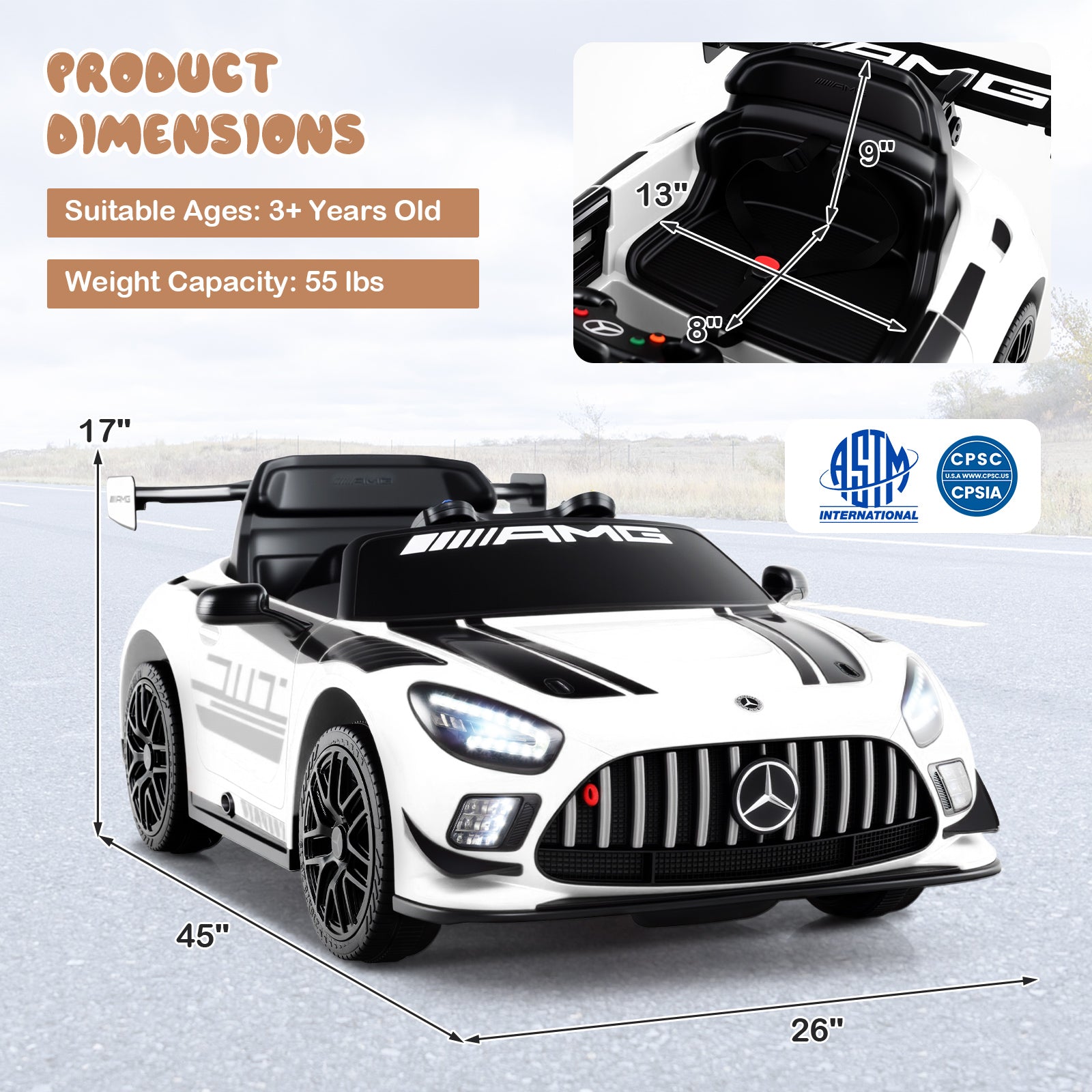 12V Kids Ride-On Car Mercedes-AMG GT3 Licensed with Adjustable Speed, White Powered Ride On Toys at Gallery Canada