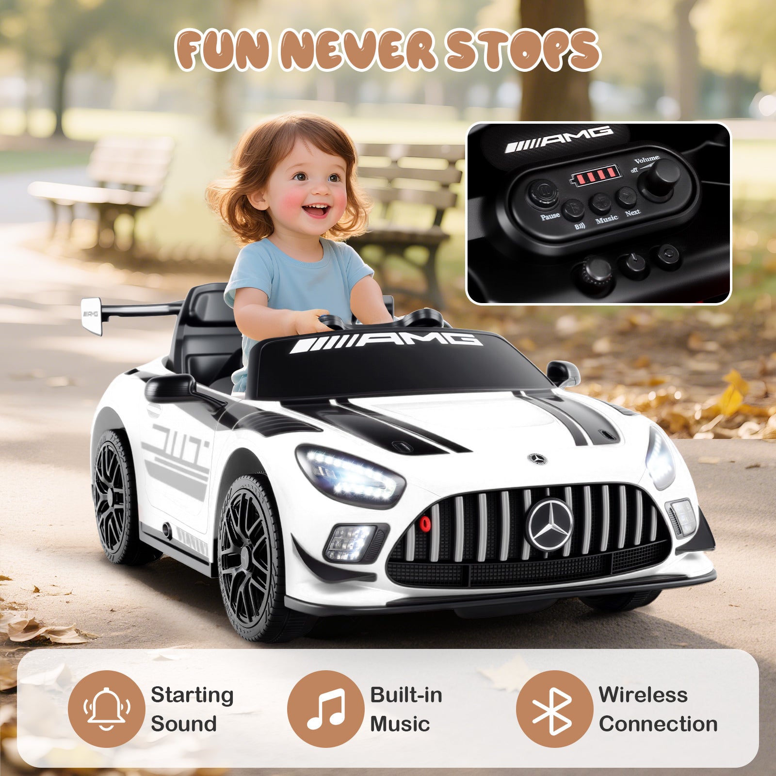 12V Kids Ride-On Car Mercedes-AMG GT3 Licensed with Adjustable Speed, White Powered Ride On Toys at Gallery Canada