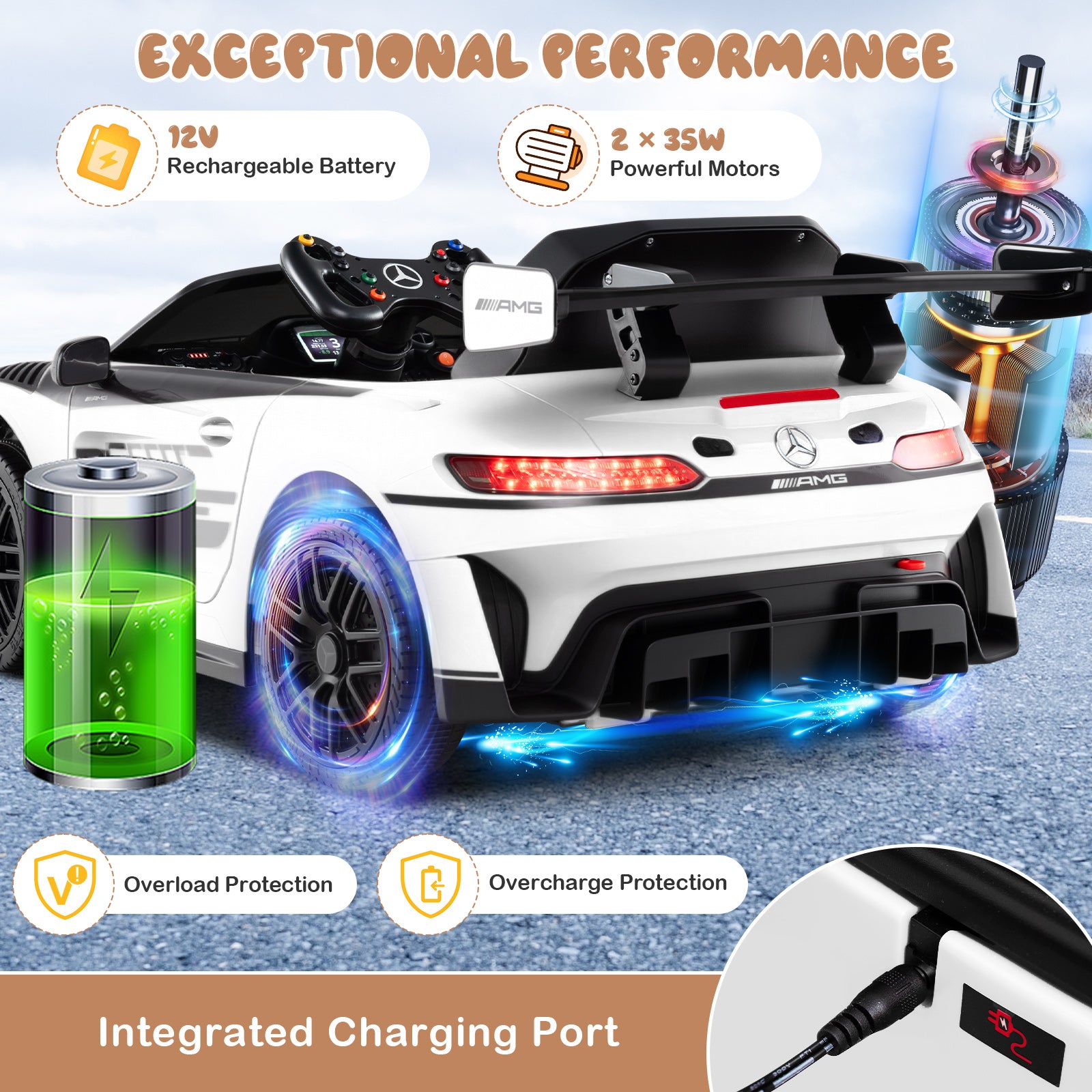 12V Kids Ride-On Car Mercedes-AMG GT3 Licensed with Adjustable Speed, White Powered Ride On Toys at Gallery Canada