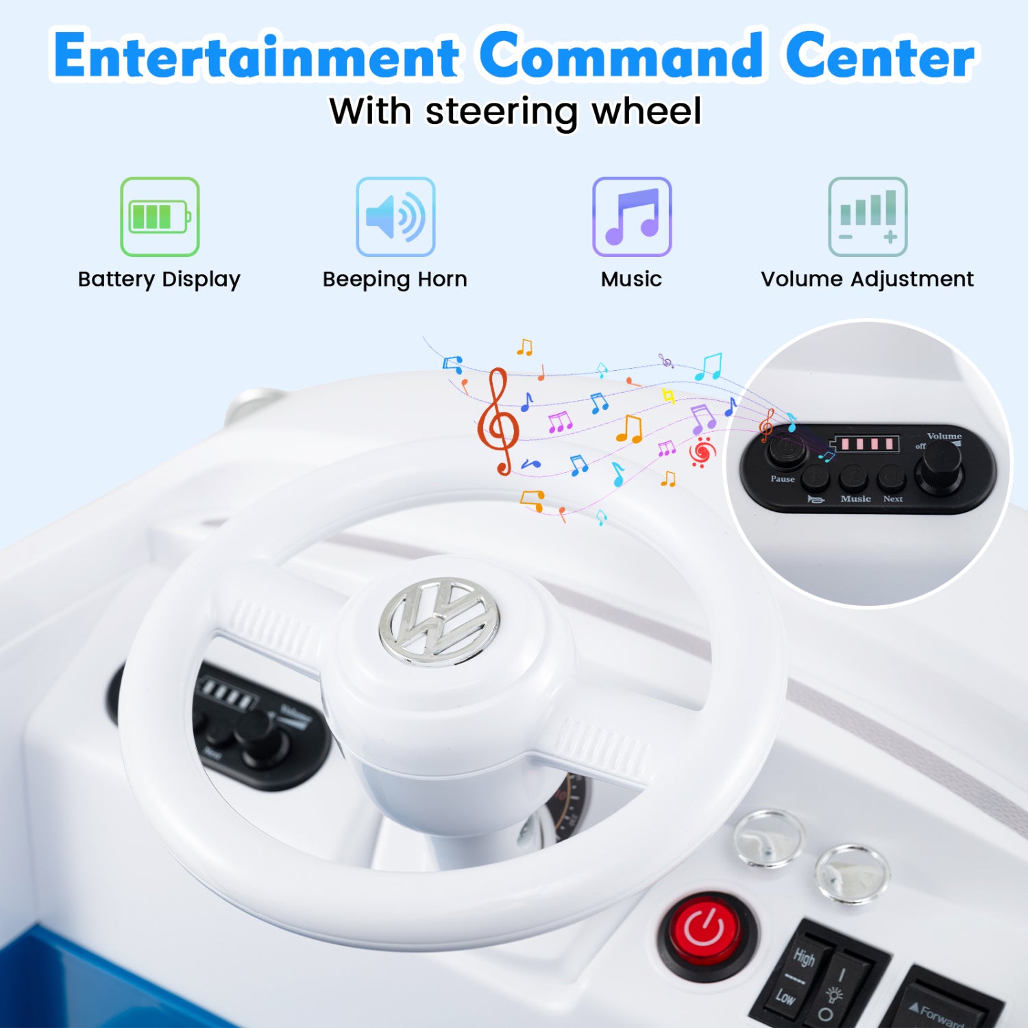 12V Ride On Car Licensed Volkswagen Ride-on Bus with Cup Holder and LED Headlights for 3+ Years Old, Blue Powered Ride On Toys at Gallery Canada