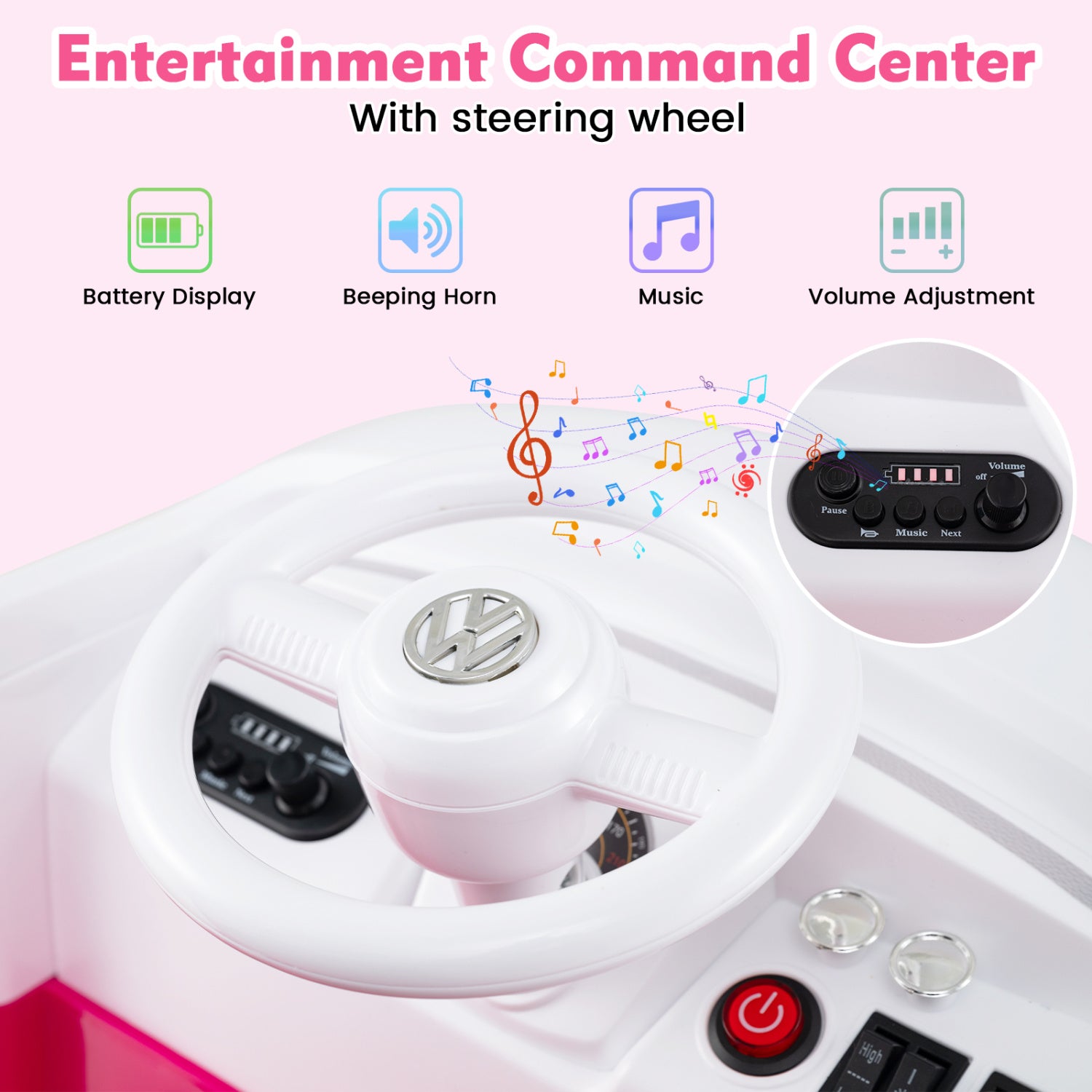12V Ride On Car Licensed Volkswagen Ride-on Bus with Cup Holder and LED Headlights for 3+ Years Old, Pink Powered Ride On Toys at Gallery Canada