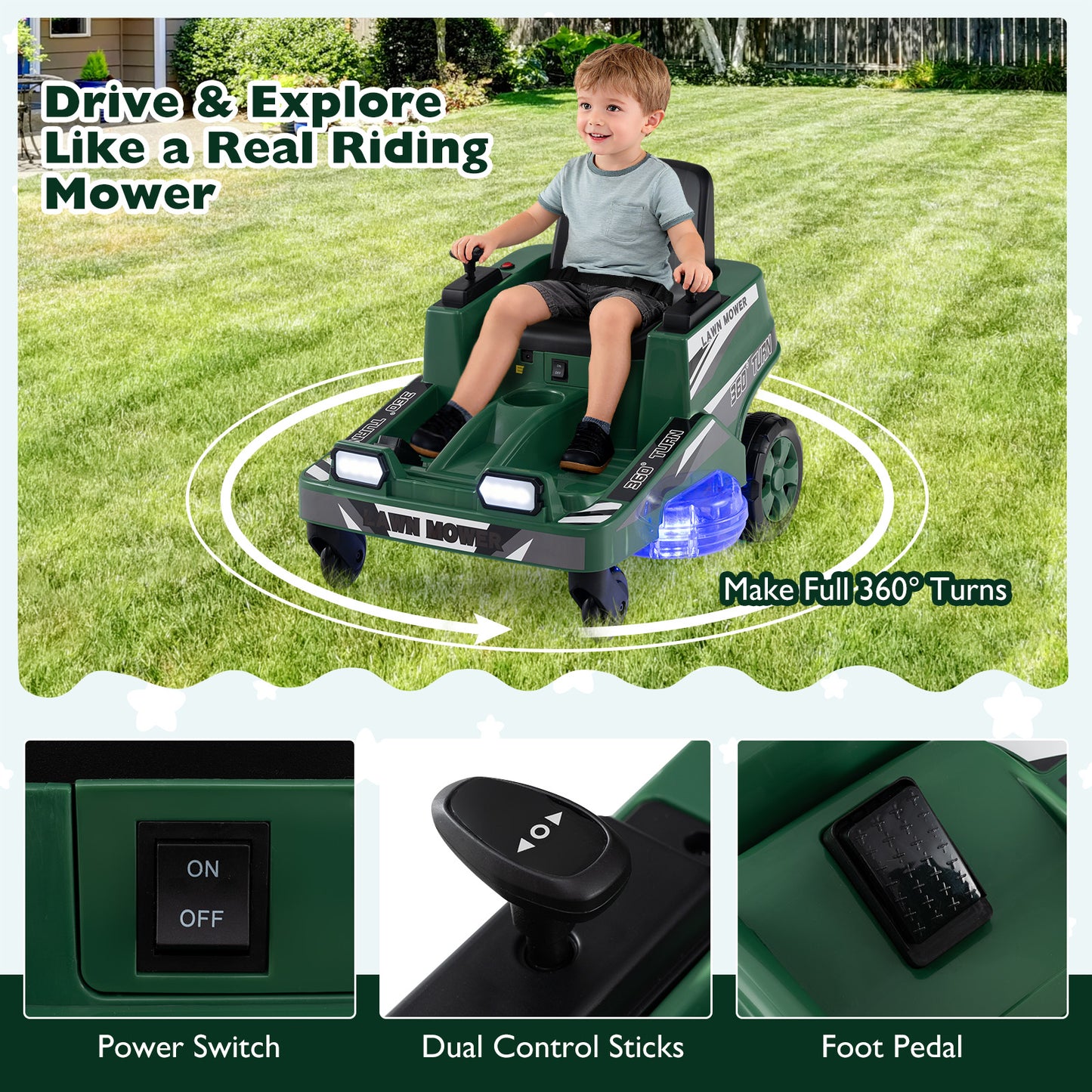 12V Ride on Lawn Mower, Dual Control Sticks, Green Powered Ride On Toys at Gallery Canada
