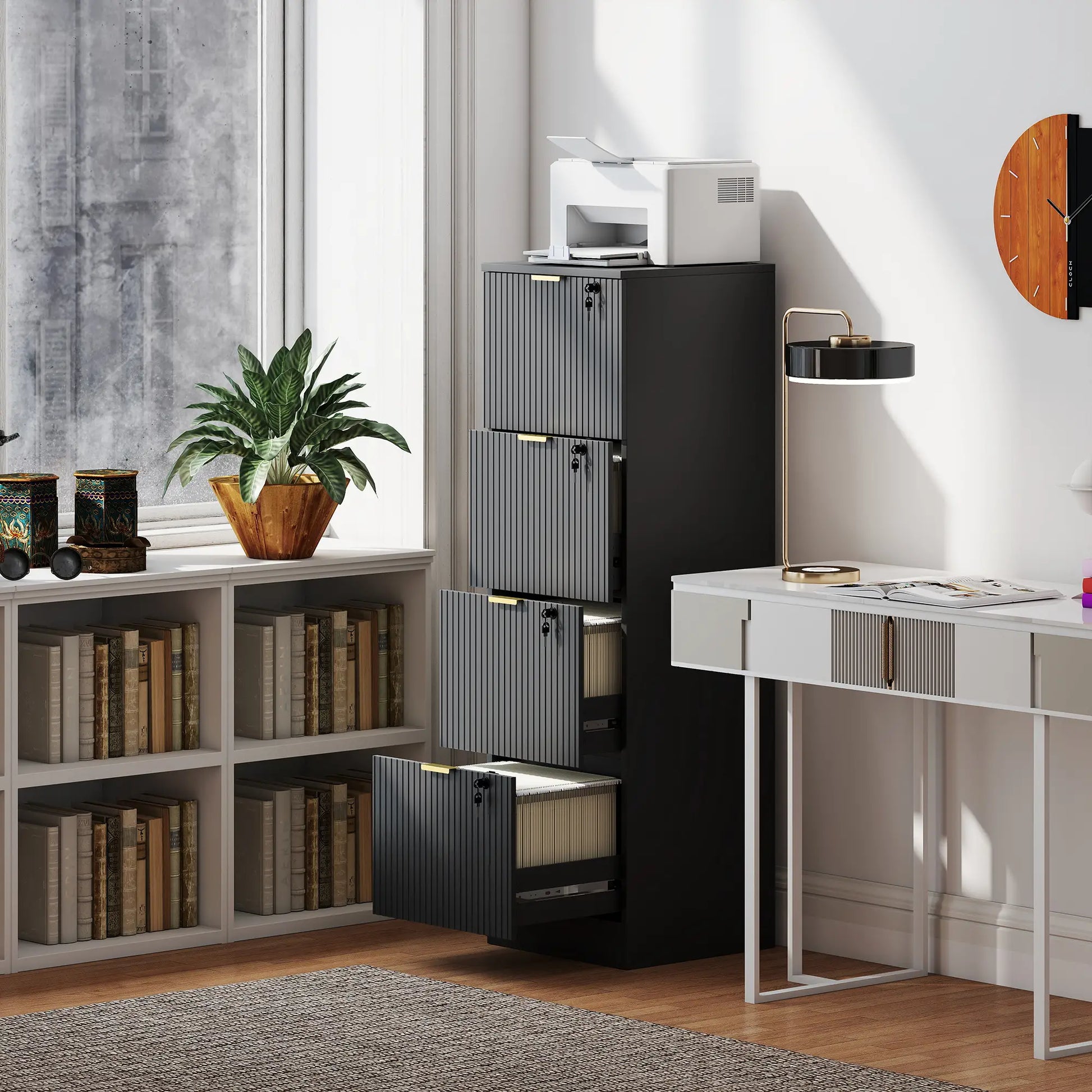 Lockable 4 Drawer Filing Cabinet, Adjustable Hanging Rails, Black Office Cabinets & Cupboards at Gallery Canada