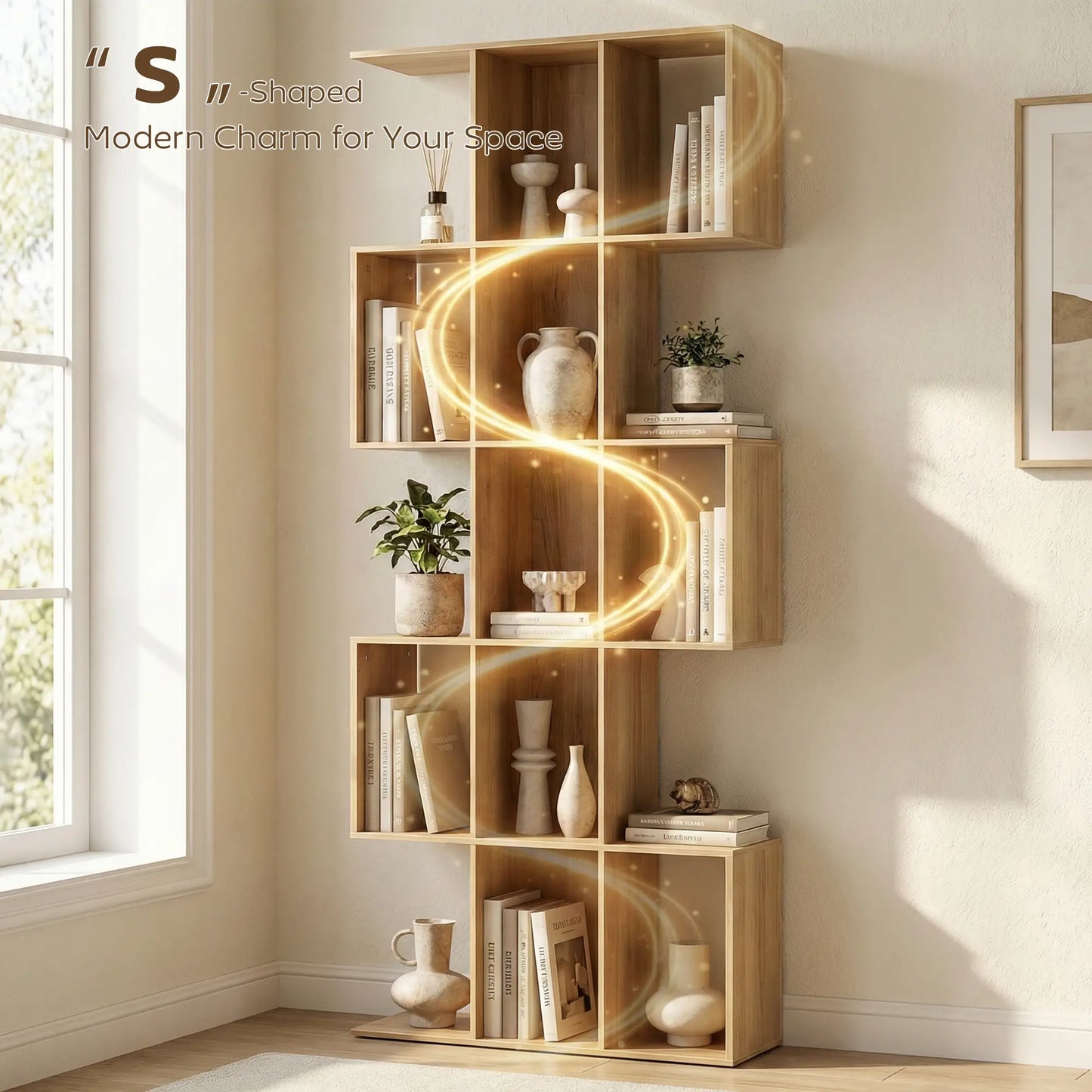 5-Tier S Shaped Geometric Bookcase, 15 Compartments, Oak Display Bookshelves at Gallery Canada