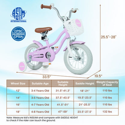 12/14/16/18/20 Inch Adjustable Kids Bike with 2 Brake System-12 Inch, Purple Kids Bike at Gallery Canada