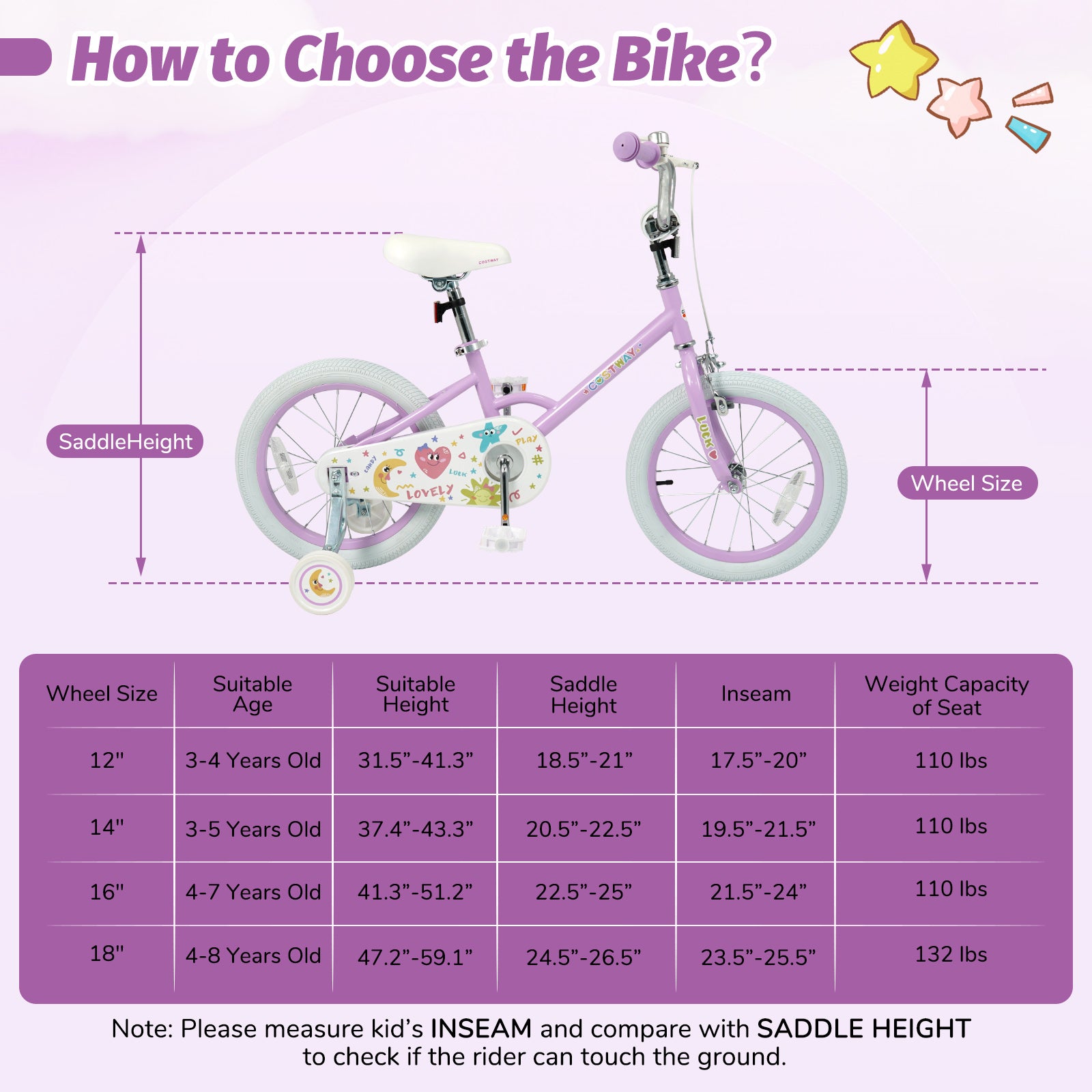 12/14/16/18 Inch Kids Bike Adjustable for 3-8 Years Old Children Purple - Stars & Moon-16 inch, Purple Kids Bike at Gallery Canada