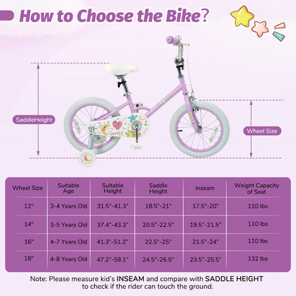 12/14/16/18 Inch Kids Bike Adjustable for 3-8 Years Old Children Purple - Stars & Moon-16 inch, Purple Kids Bike at Gallery Canada