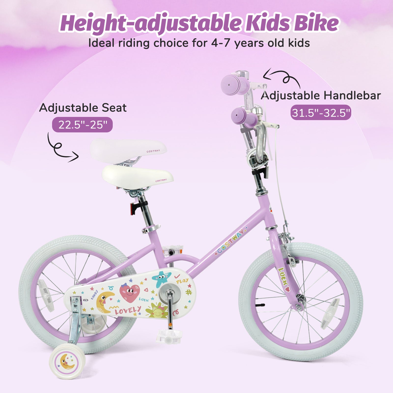 12/14/16/18 Inch Kids Bike Adjustable for 3-8 Years Old Children Purple - Stars & Moon-16 inch, Purple Kids Bike at Gallery Canada