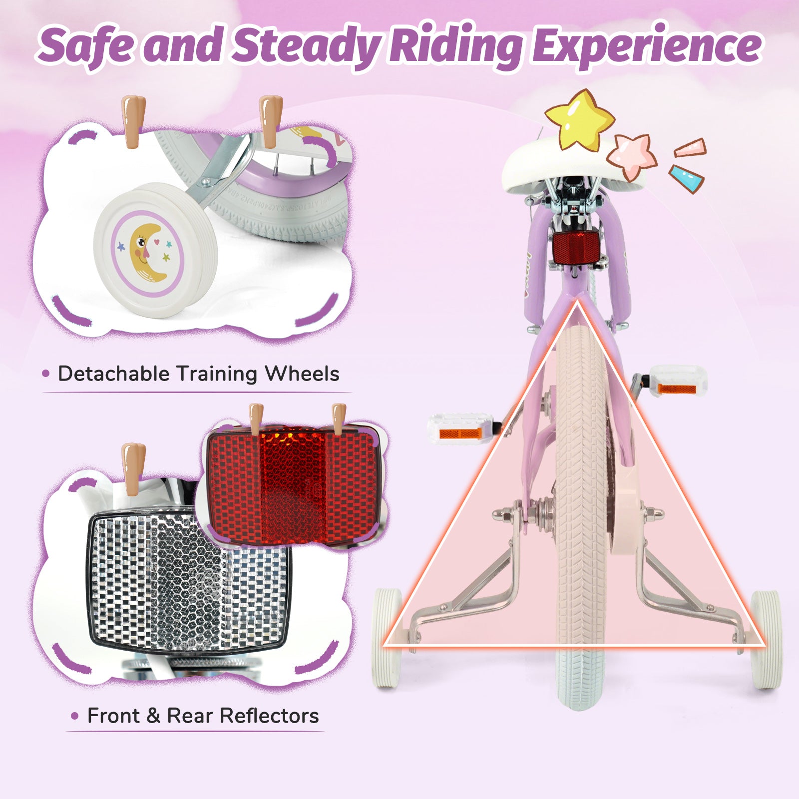 12/14/16/18 Inch Kids Bike Adjustable for 3-8 Years Old Children Purple - Stars & Moon-16 inch, Purple Kids Bike at Gallery Canada