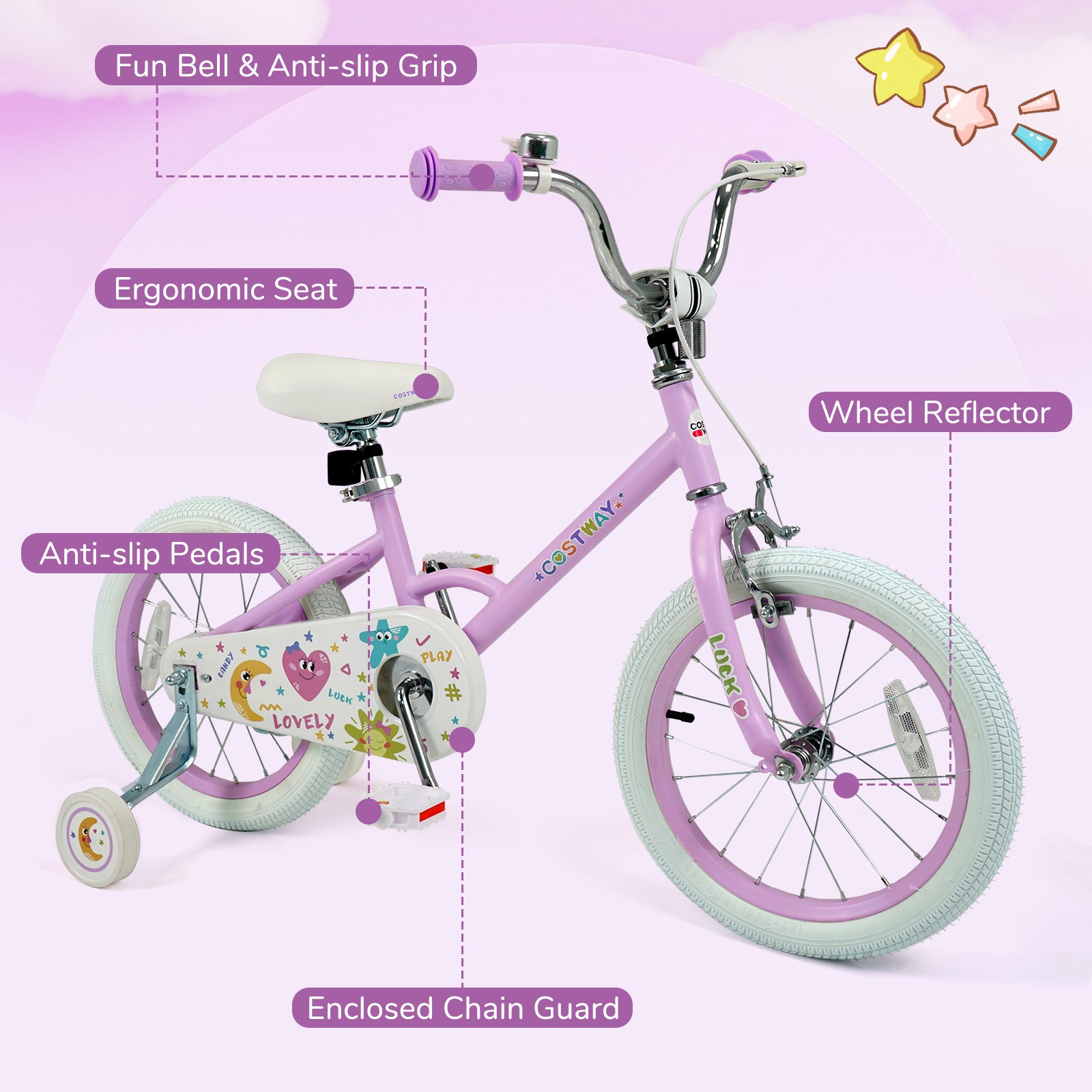 12/14/16/18 Inch Kids Bike Adjustable for 3-8 Years Old Children Purple - Stars & Moon-16 inch, Purple Kids Bike at Gallery Canada
