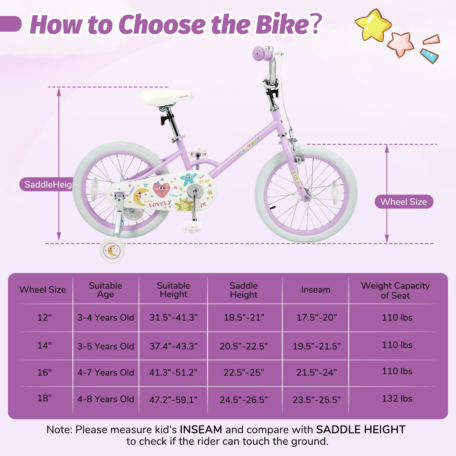 12/14/16/18 Inch Kids Bike Adjustable for 3-8 Years Old Children Purple - Stars & Moon-18 inches, Purple Kids Bike at Gallery Canada